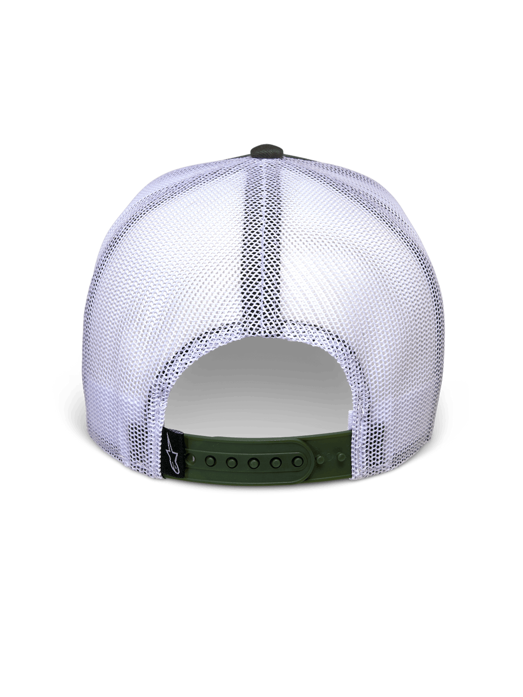 Alpinestars Hardware Trucker Hat em Military White, vista traseira com painéis de rede brancos e fecho snapback verde azeitona, pequena etiqueta preta com o logótipo A-star, acessório de cabeça casual inspirado no desporto motorizado