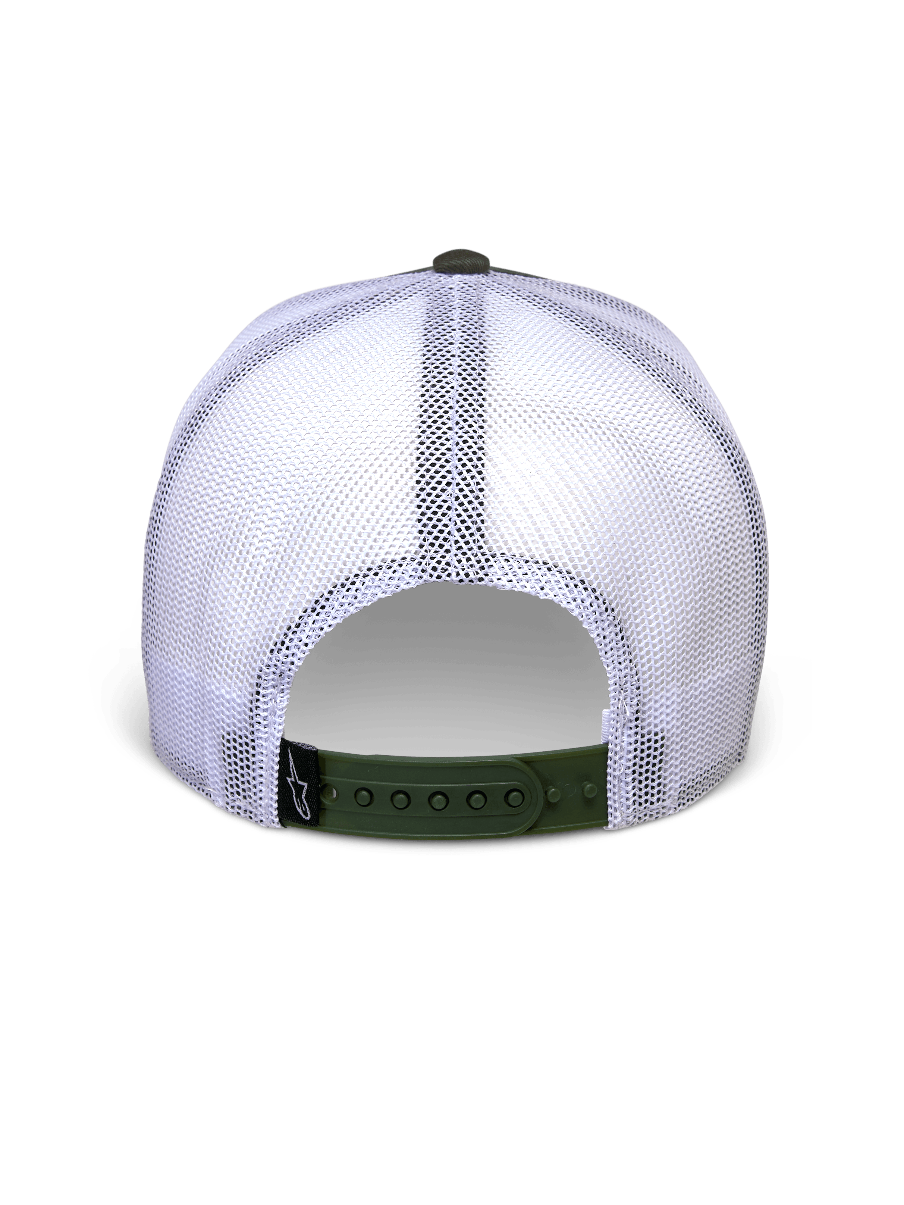 Alpinestars Hardware Trucker Hat em Military White, vista traseira com painéis de rede brancos e fecho snapback verde azeitona, pequena etiqueta preta com o logótipo A-star, acessório de cabeça casual inspirado no desporto motorizado