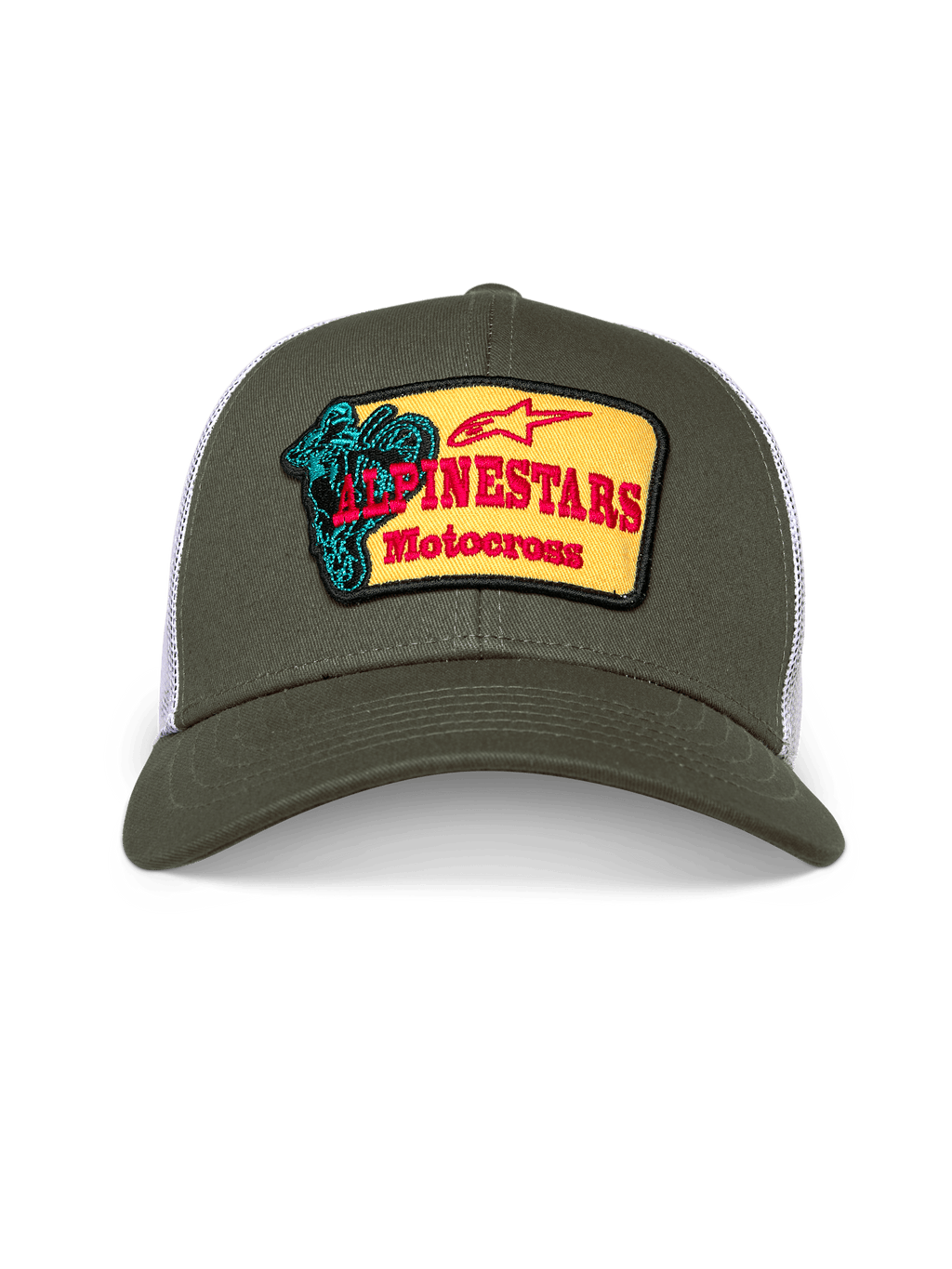 Alpinestars Hardware Trucker Hat, boné trucker verde tropa e branco, coroa estruturada com aba curva, patch frontal bordado amarelo com a marca Alpinestars Motocross a vermelho e gráfico de piloto em azul-turquesa, streetwear casual de desportos motorizados