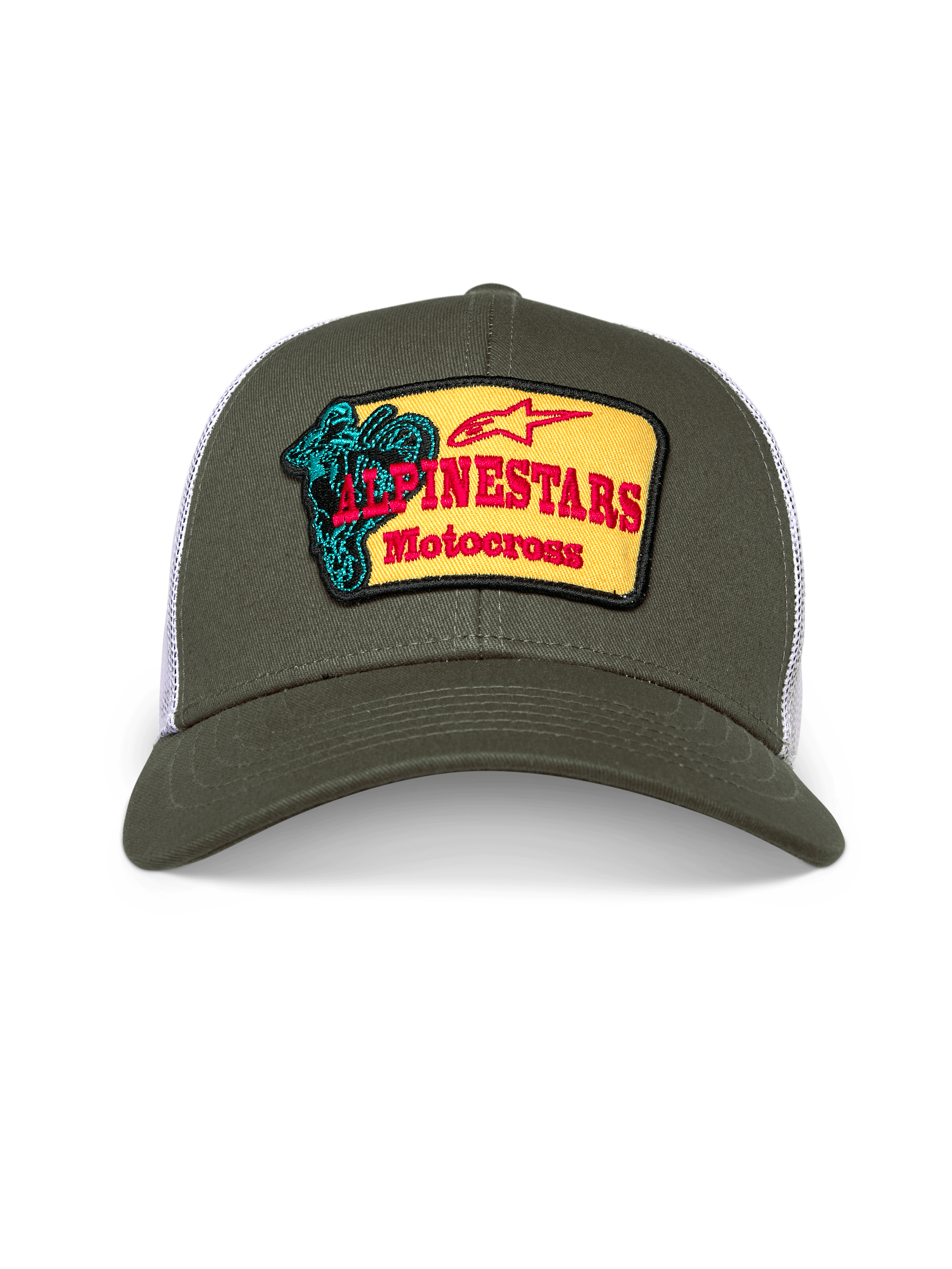 Alpinestars Hardware Trucker Hat, boné trucker verde tropa e branco, coroa estruturada com aba curva, patch frontal bordado amarelo com a marca Alpinestars Motocross a vermelho e gráfico de piloto em azul-turquesa, streetwear casual de desportos motorizados