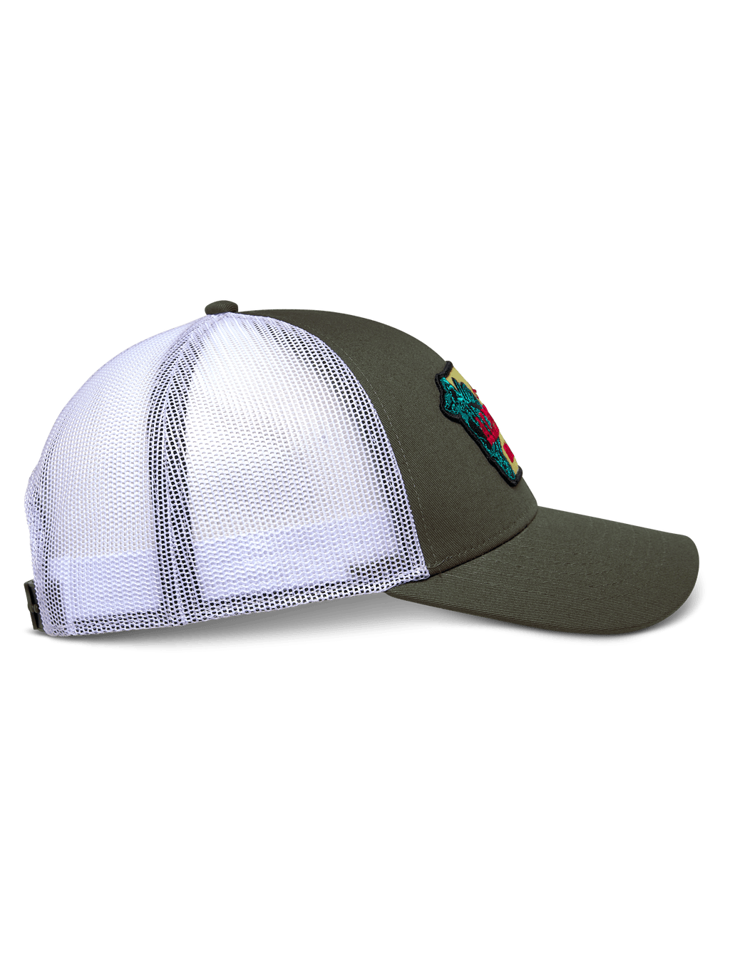 Boné Trucker Alpinestars Hardware, vista de perfil lateral, verde militar com parte traseira em malha de poliéster branca, aba curva e coroa estruturada, com remendo bordado, acessório casual inspirado no desporto motorizado