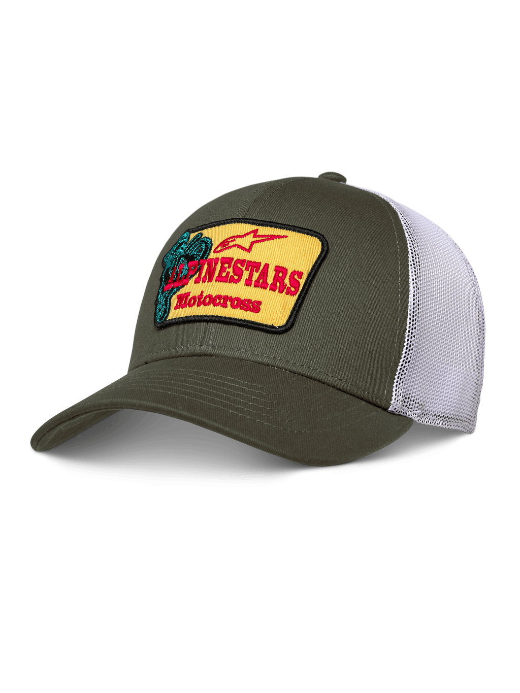 Alpinestars Hardware Trucker Hat, verde tropa e malha branca, remendo amarelo com logótipo Alpinestars Motocross vermelho, pala curva, coroa estruturada, vestuário casual de desportos motorizados