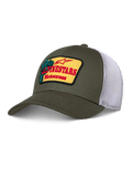 Alpinestars Hardware Trucker Hat, verde tropa e malha branca, remendo amarelo com logótipo Alpinestars Motocross vermelho, pala curva, coroa estruturada, vestuário casual de desportos motorizados