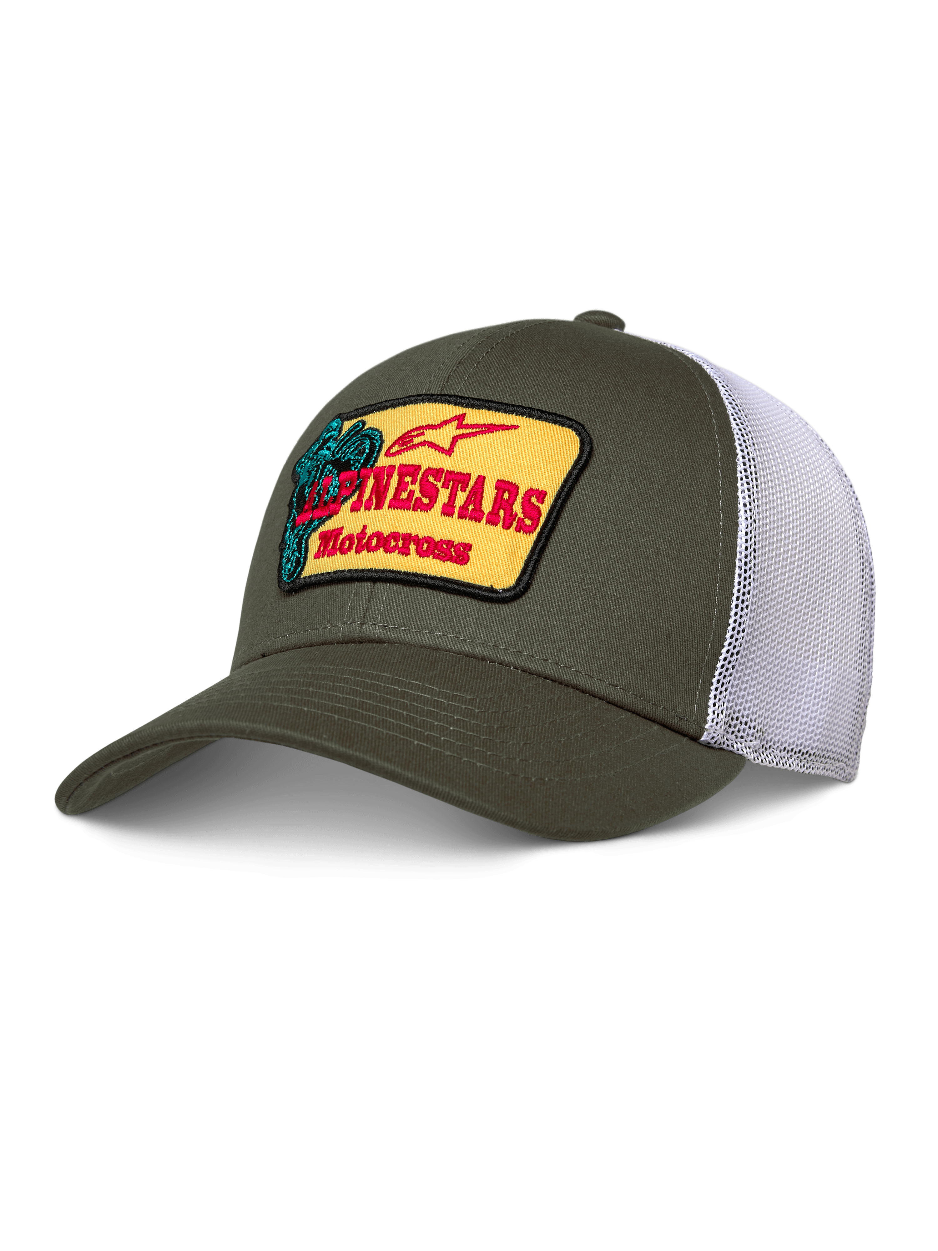 Alpinestars Hardware Trucker Hat, verde tropa e malha branca, remendo amarelo com logótipo Alpinestars Motocross vermelho, pala curva, coroa estruturada, vestuário casual de desportos motorizados