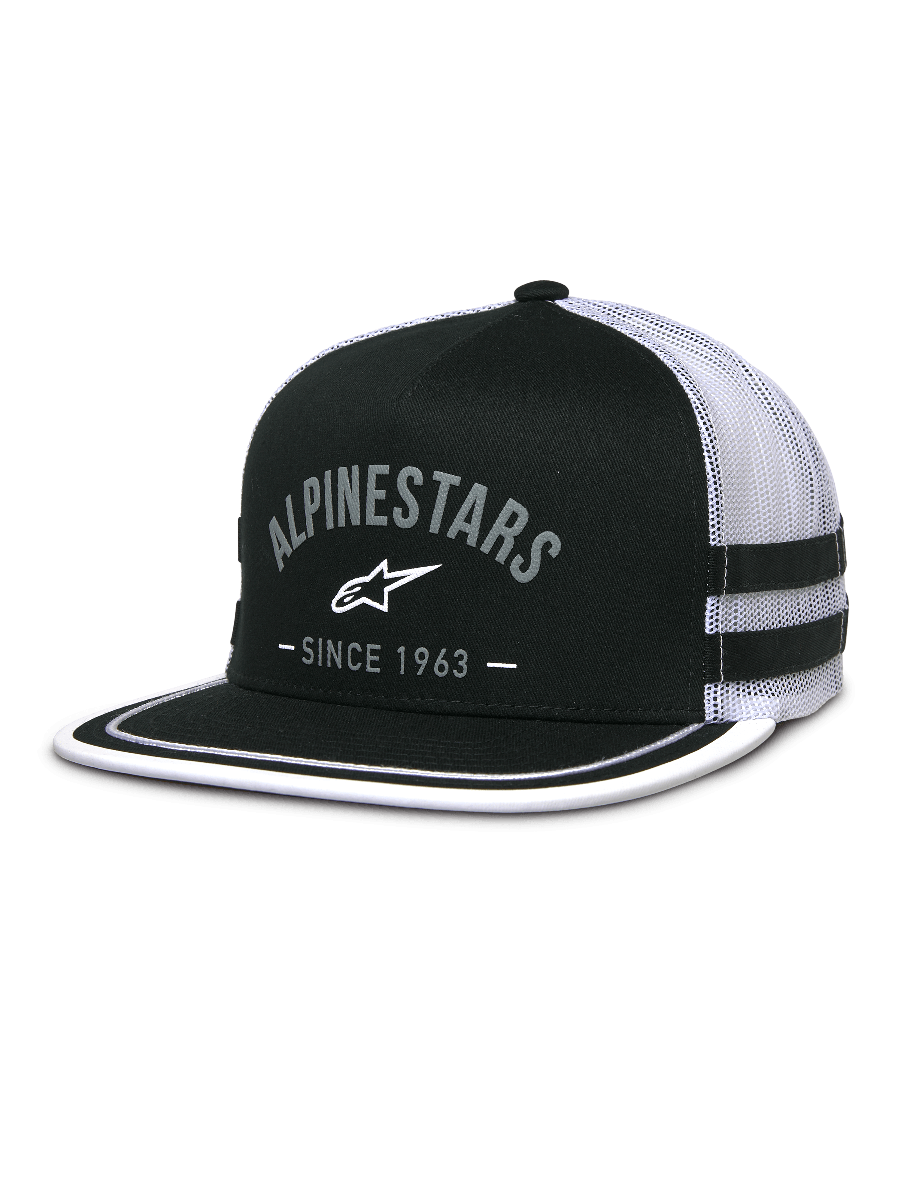 Alpinestars Backline Trucker Hat, black twill front and white mesh back, flat bill with white suttache trim on the edge, grey arched Alpinestars logo with Since 1963 text, side applique stripes, casual motorsport-inspired snapback cap