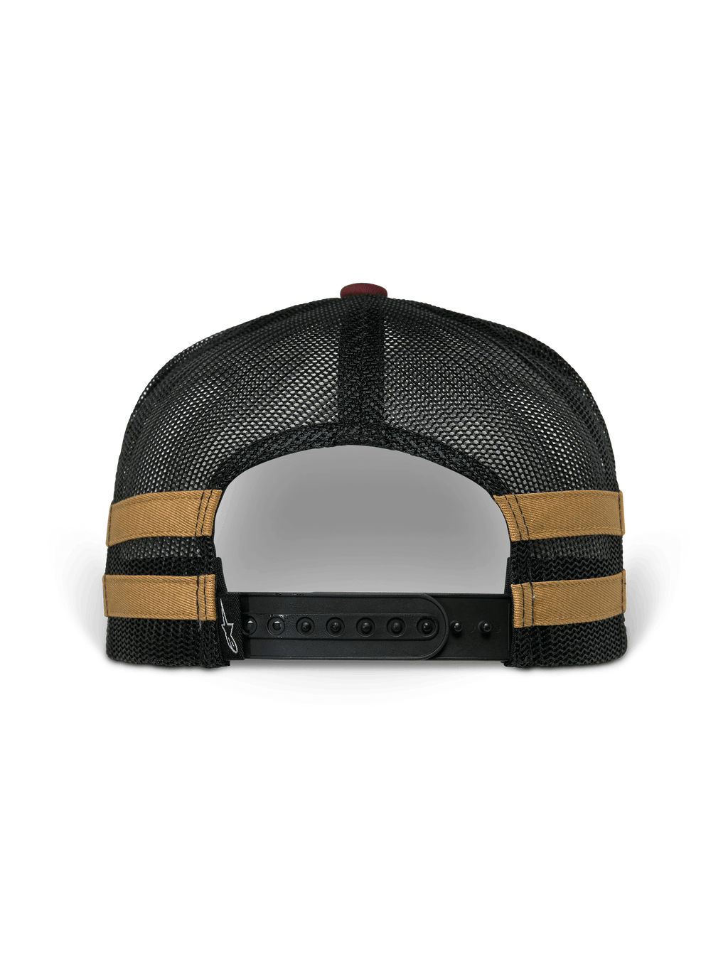Boné Alpinestars Backline Trucker, vista traseira, costas em malha sintética preta com riscas laterais cor de mostarda, fecho ajustável de pressão preto, acessório de cabeça casual inspirado no desporto motorizado
