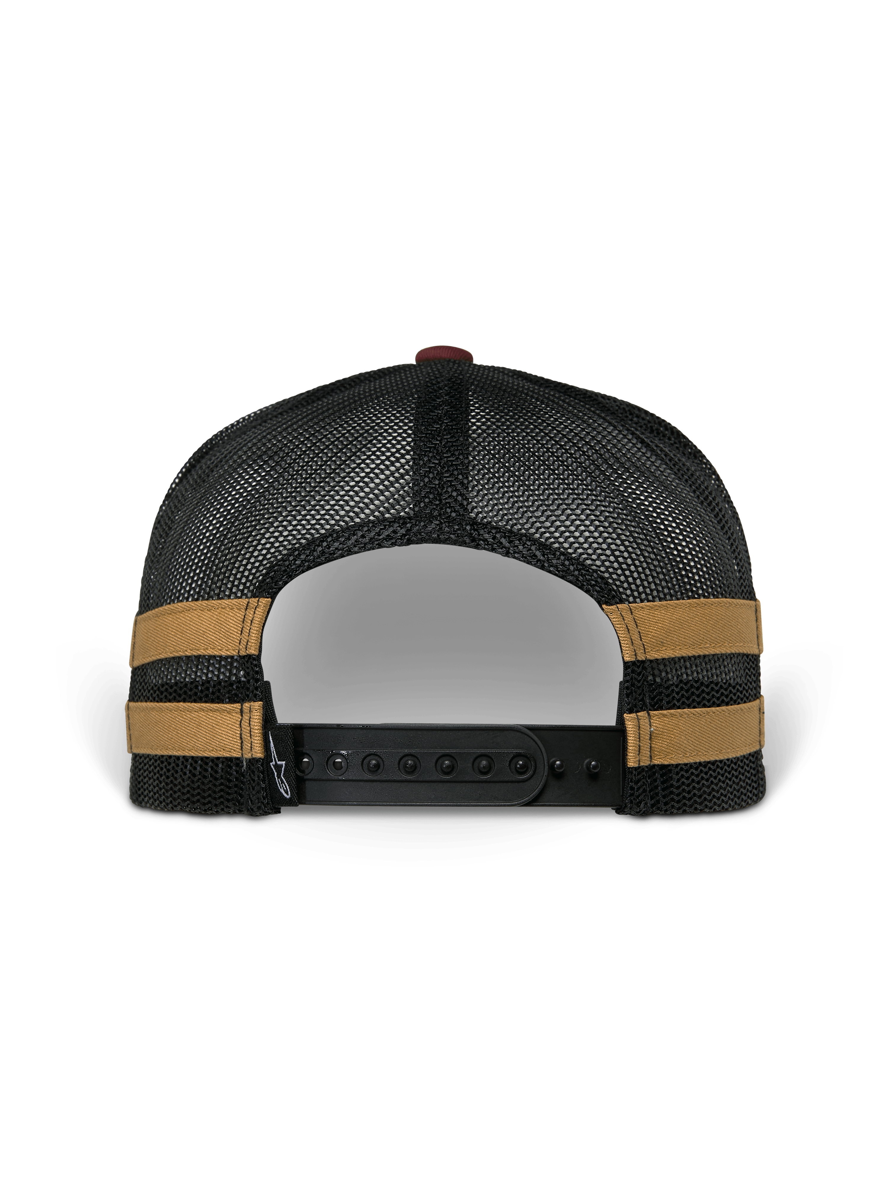 Boné Alpinestars Backline Trucker, vista traseira, costas em malha sintética preta com riscas laterais cor de mostarda, fecho ajustável de pressão preto, acessório de cabeça casual inspirado no desporto motorizado
