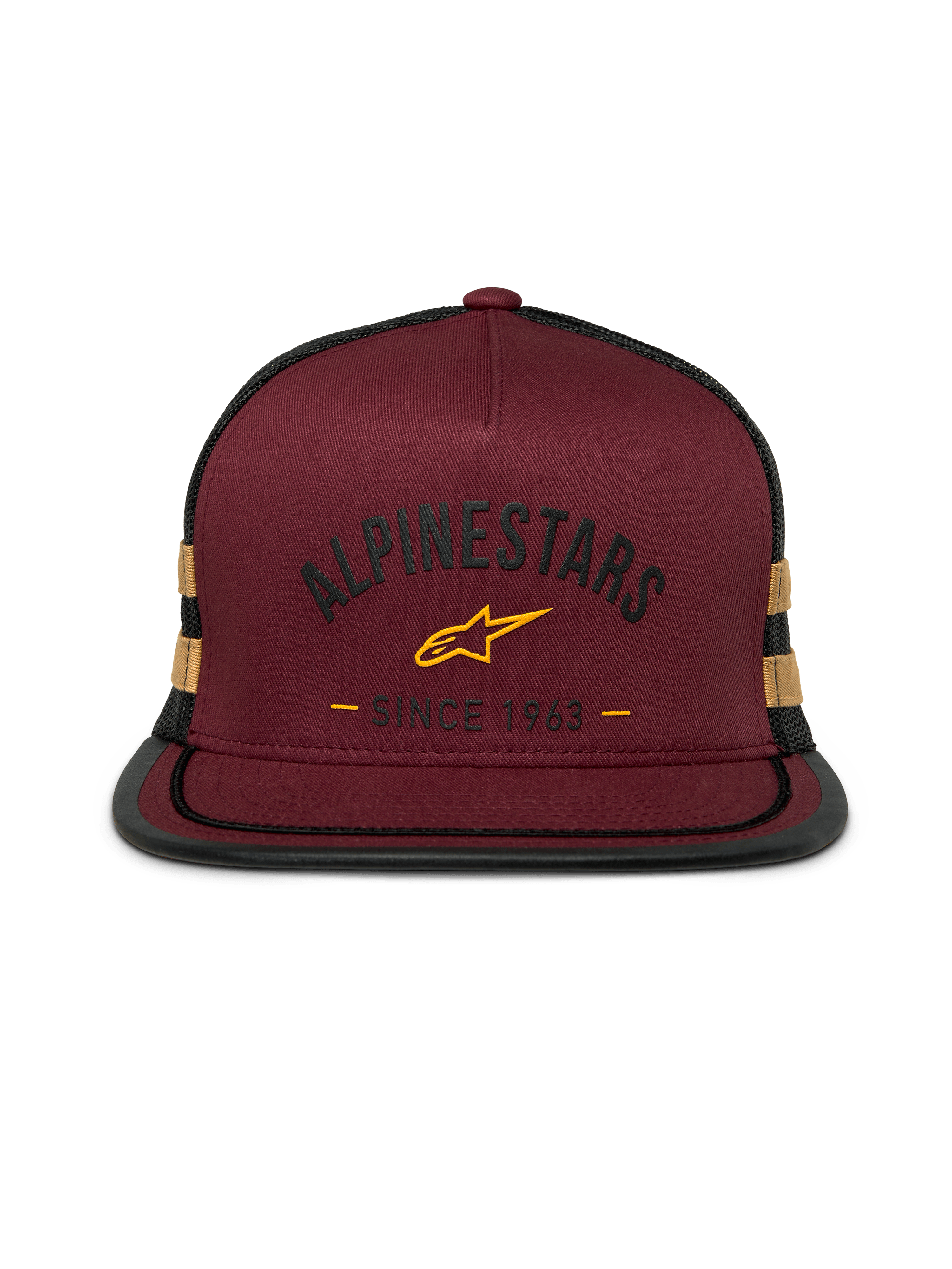Boné Trucker Alpinestars Backline, snapback de pala plana, frente em sarja vermelho tijolo com malha preta na parte de trás, logótipo e riscas laterais amarelo mostarda, copa estruturada com acabamento em passamanaria na pala, streetwear casual de desporto motorizado