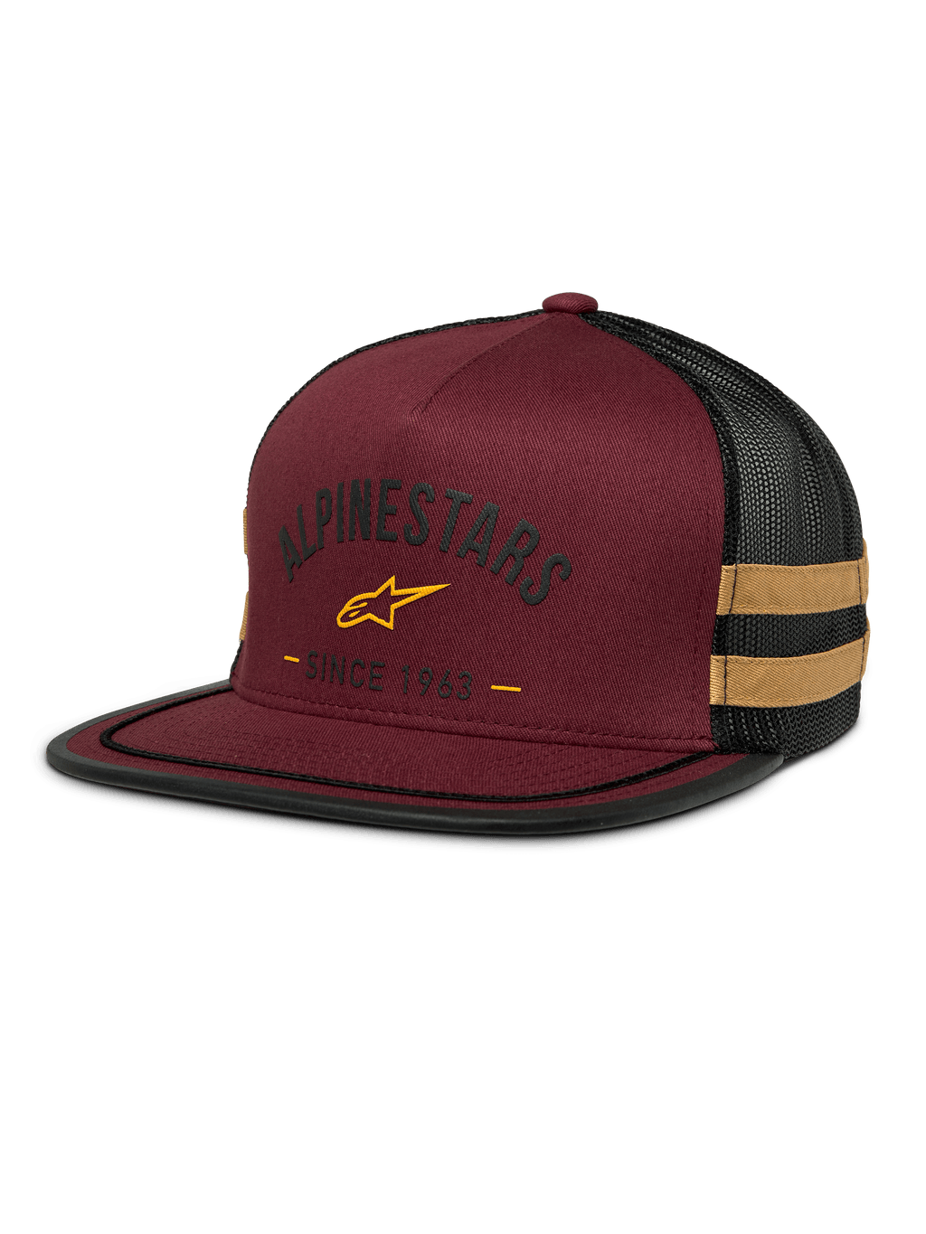 Alpinestars Backline Trucker Hat, boné de malha bordô e preto, logótipo de estrela amarelo e gráfico heritage "Since 1963", copa estruturada com pala plana, riscas laterais amarelo mostarda