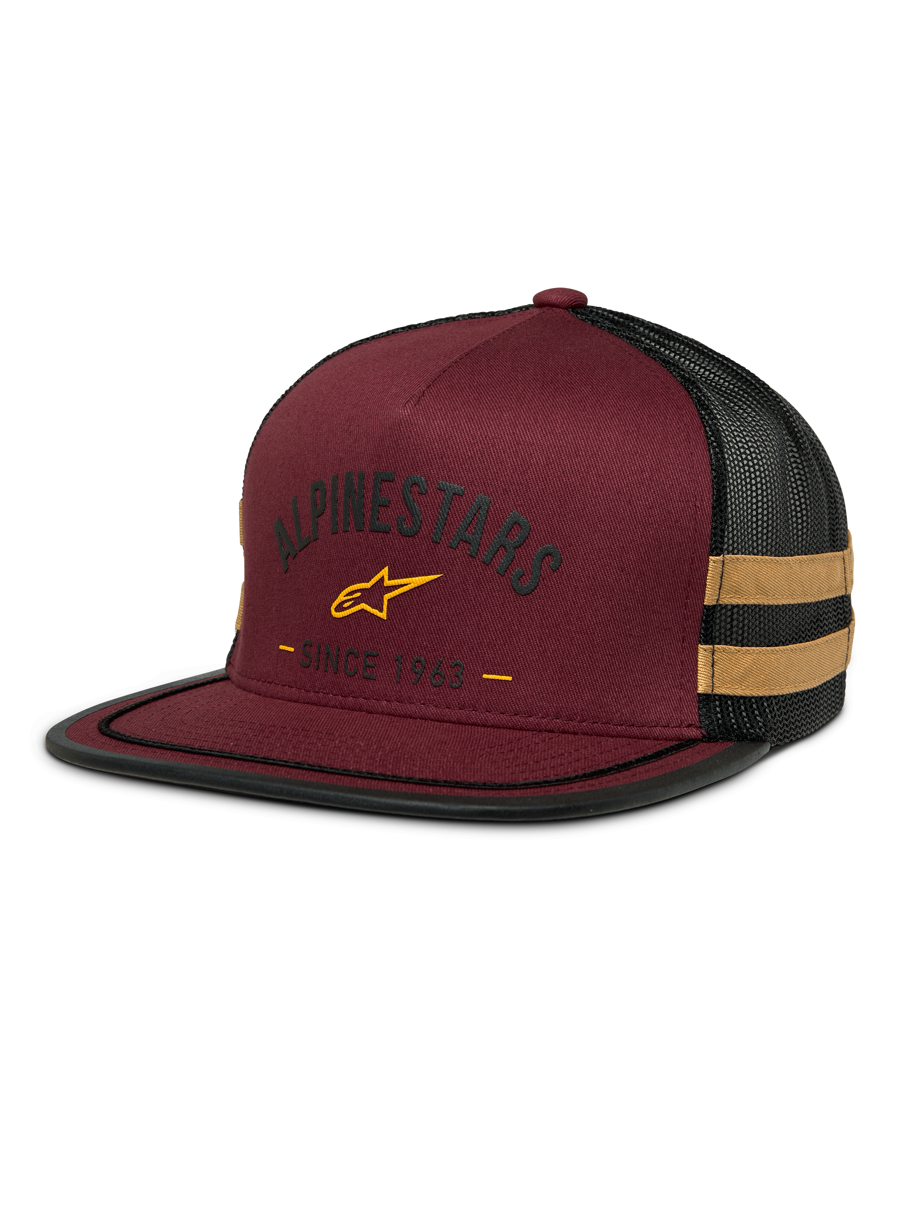 Alpinestars Backline Trucker Hat, boné de malha bordô e preto, logótipo de estrela amarelo e gráfico heritage "Since 1963", copa estruturada com pala plana, riscas laterais amarelo mostarda