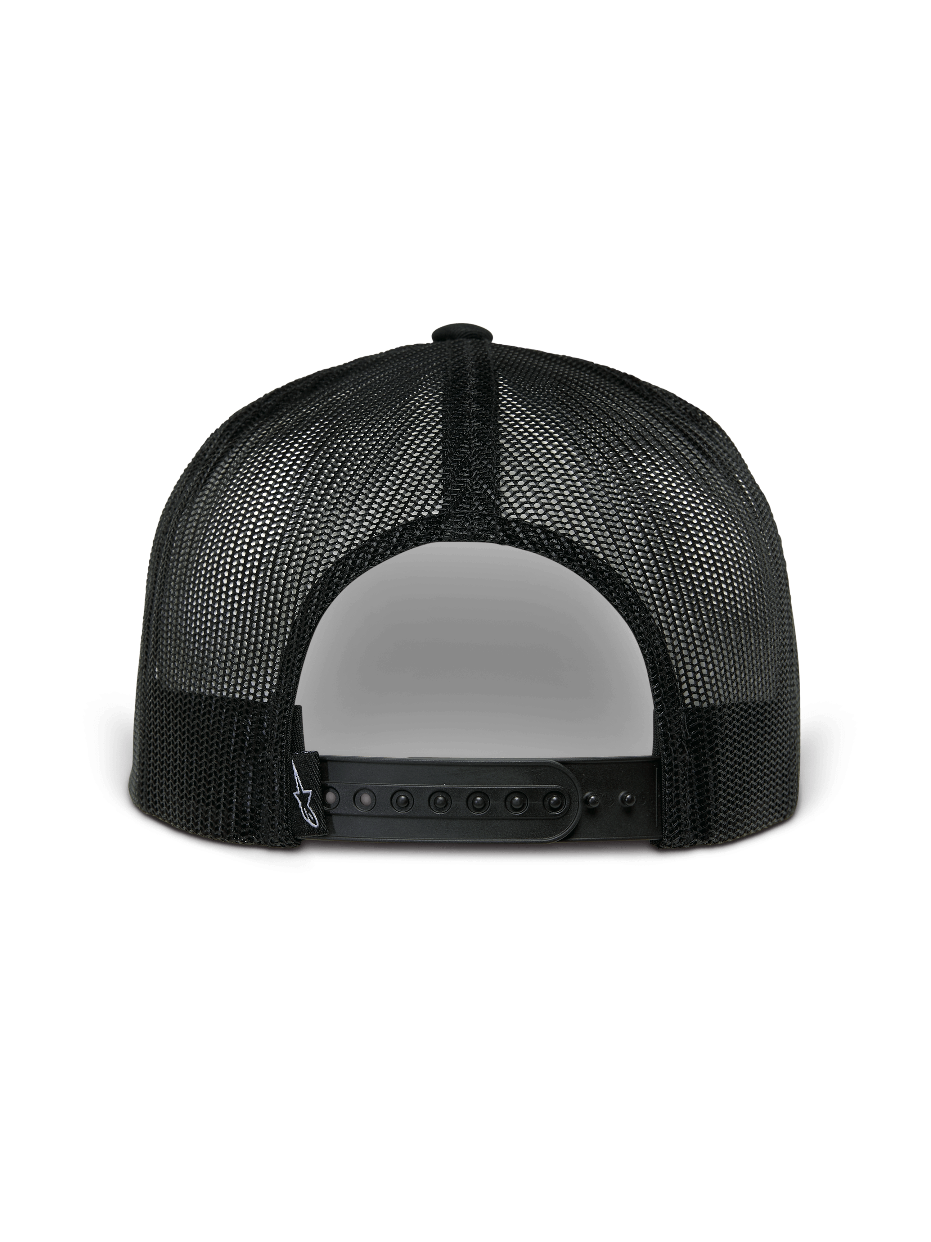 Alpinestars Orion Trucker Hat, back view, Navy and Black, featuring black poly mesh and snapback closure, casual motorsport-inspired headwear
