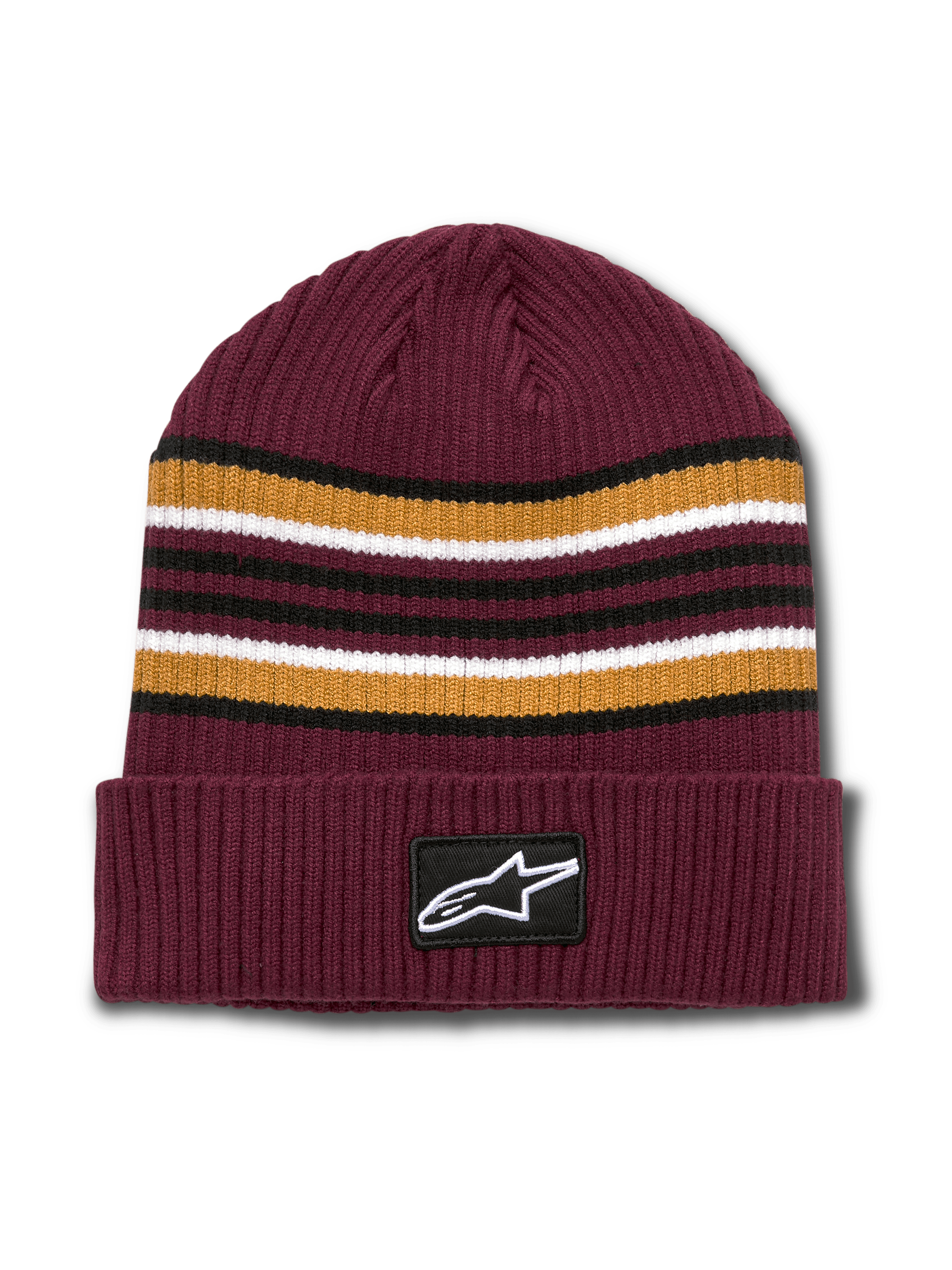 Alpinestars Bolted Cuff Beanie, Maroon Ribbed Knit Winter Hat, Yarn-dyed Horizontal Stripes in Gold Black and White, Folded Cuff with Woven Alpinestars Logo Patch, Casual Sportswear Headwear