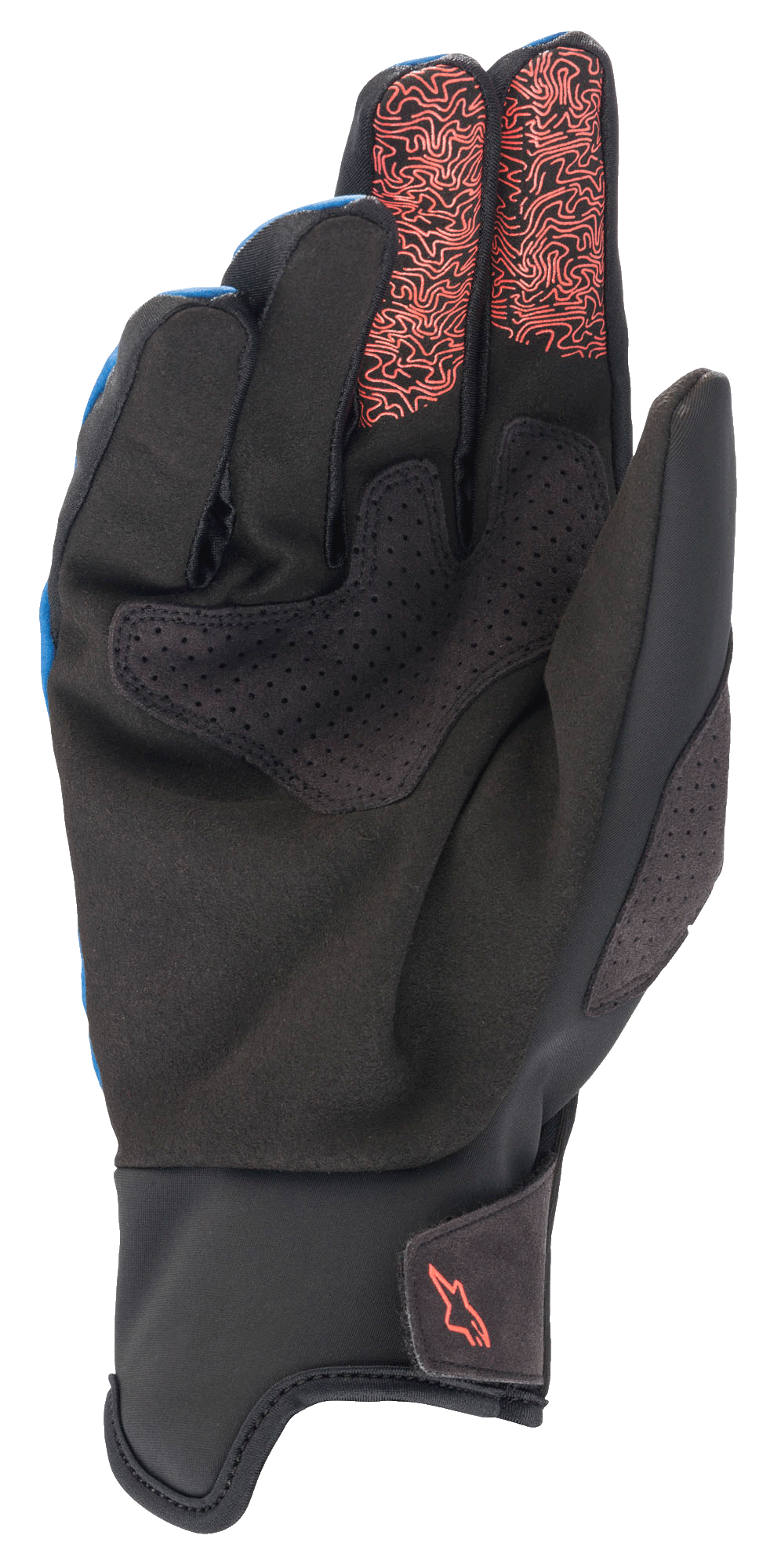 Luvas Alpinestars Denali 2, luvas de BTT, Azul Médio Preto Coral Fluo, vista da palma que mostra pele sintética Clarino preta com detalhes perfurados, padrões topográficos em coral fluo nas pontas dos dedos indicador e médio, e um pequeno logótipo coral no punho