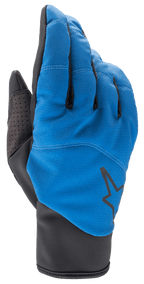 Luvas Alpinestars Denali 2, luvas de BTT, azul médio e preto, com parte superior em softshell resistente às intempéries, logótipo de estrela preta, reforço perfurado no polegar e punho slip-on para condução em climas frios