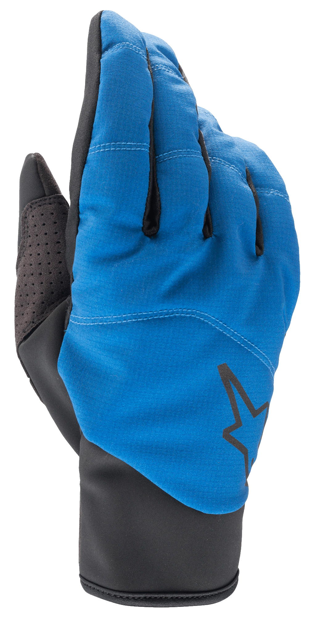 Luvas Alpinestars Denali 2, luvas de BTT, azul médio e preto, com parte superior em softshell resistente às intempéries, logótipo de estrela preta, reforço perfurado no polegar e punho slip-on para condução em climas frios