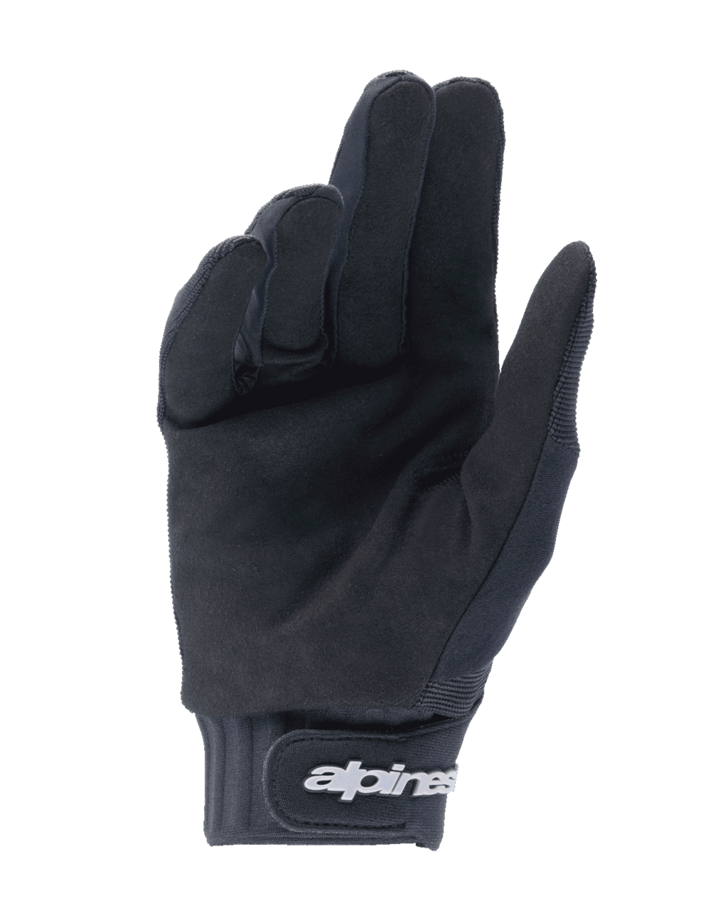 Luvas Youth A-Dura da Alpinestars, pretas, vista da palma mostrando o material em camurça sintética para aderência, punho em neoprene com tira de ajuste em gancho e laço e logótipo branco, concebidas para mountain bike e ciclismo fora de estrada para jovens.