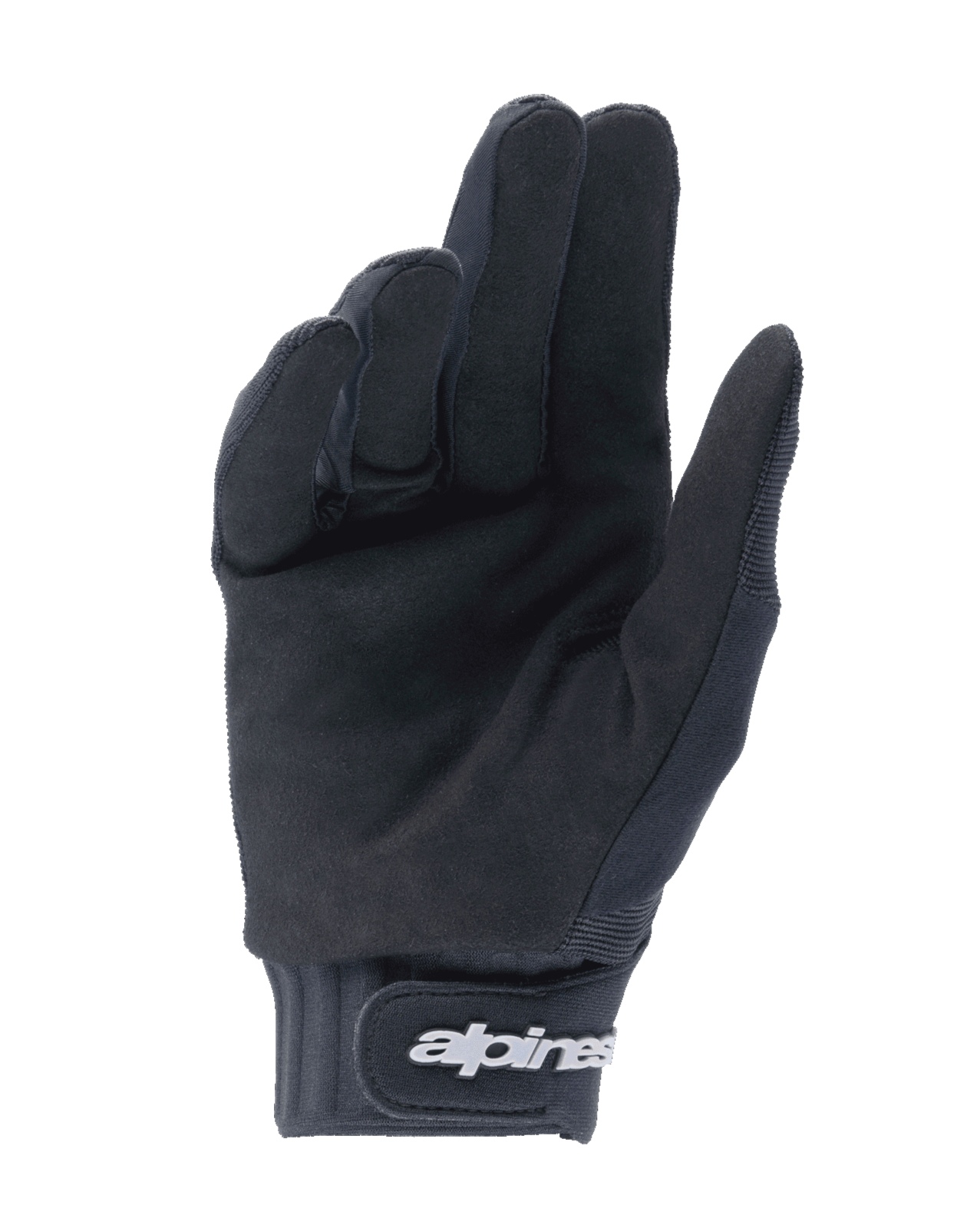 Luvas Youth A-Dura da Alpinestars, pretas, vista da palma mostrando o material em camurça sintética para aderência, punho em neoprene com tira de ajuste em gancho e laço e logótipo branco, concebidas para mountain bike e ciclismo fora de estrada para jovens.