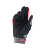 Luvas Alpinestars Youth A-Dura, luvas de BTT, vermelho fluo e preto, vista da palma em camurça sintética, punho de neoprene cinzento com tira de velcro e logótipo Alpinestars vermelho, concebidas para ciclismo juvenil