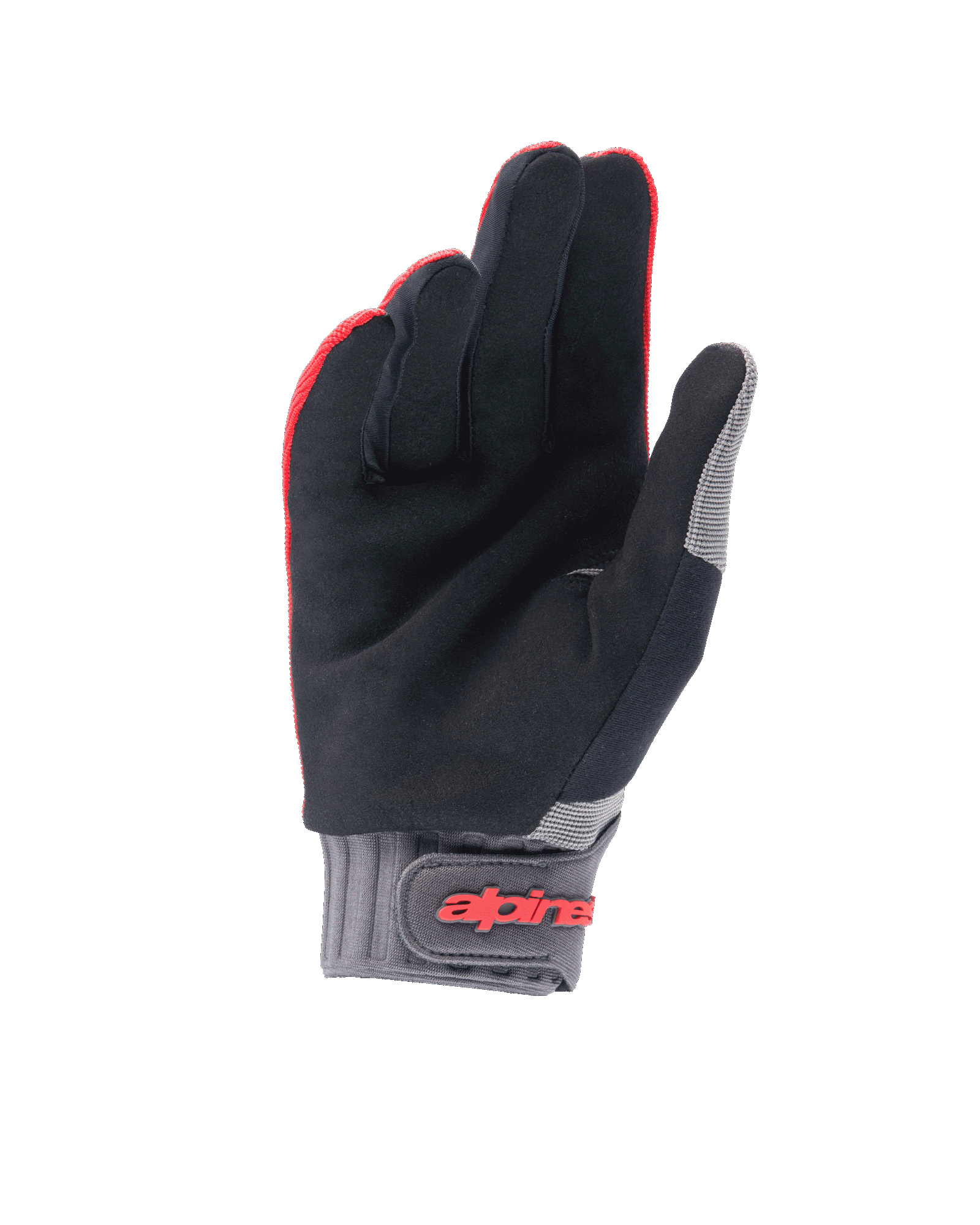 Luvas Alpinestars Youth A-Dura, luvas de BTT, vermelho fluo e preto, vista da palma em camurça sintética, punho de neoprene cinzento com tira de velcro e logótipo Alpinestars vermelho, concebidas para ciclismo juvenil