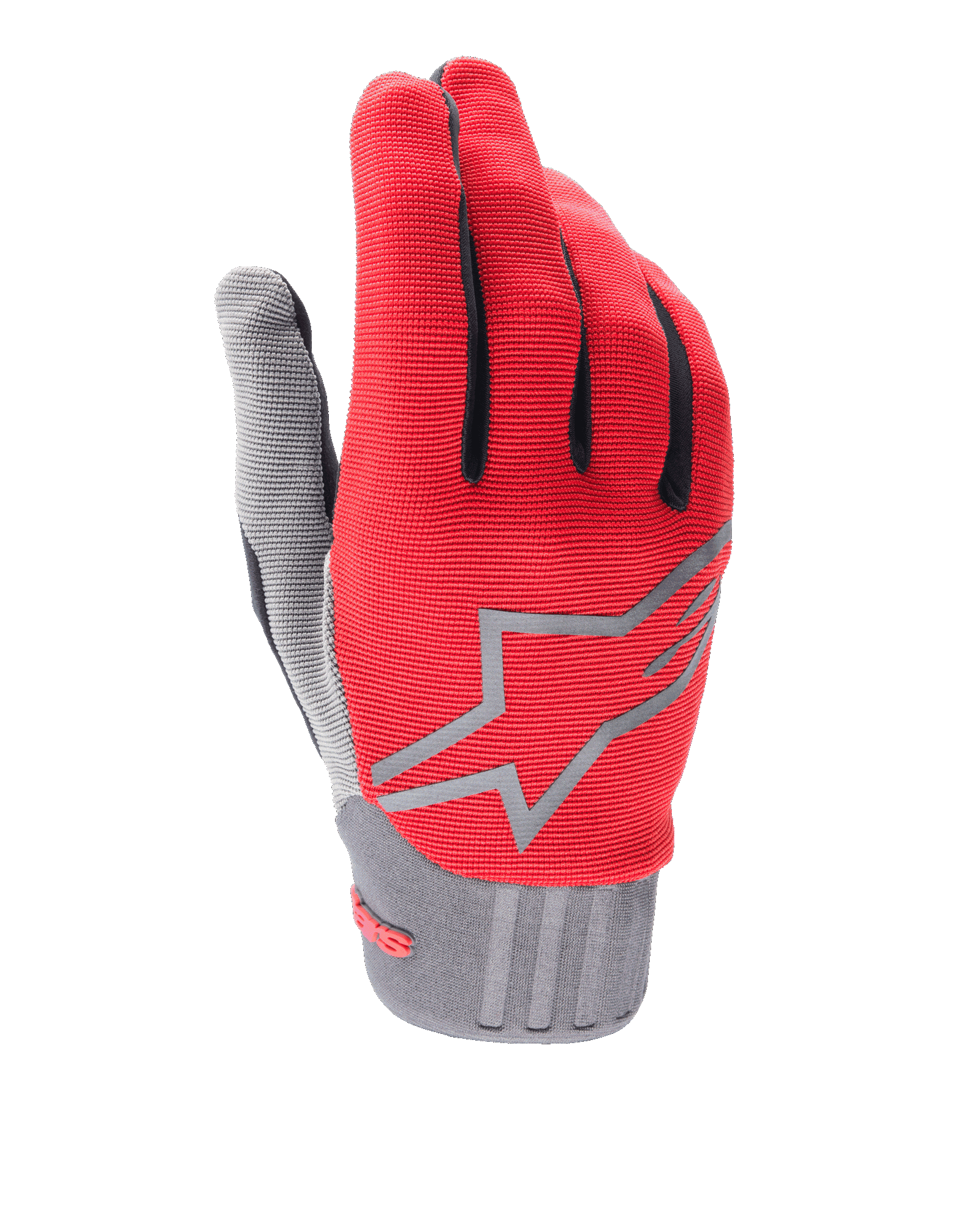 Alpinestars Youth A-Dura Gloves, luvas de BTT para crianças, vermelhas e cinzentas, com logótipo de estrela cinzento no dorso, detalhes pretos nos dedos e punho cinzento texturizado, tecido sintético leve para ciclismo fora de estrada