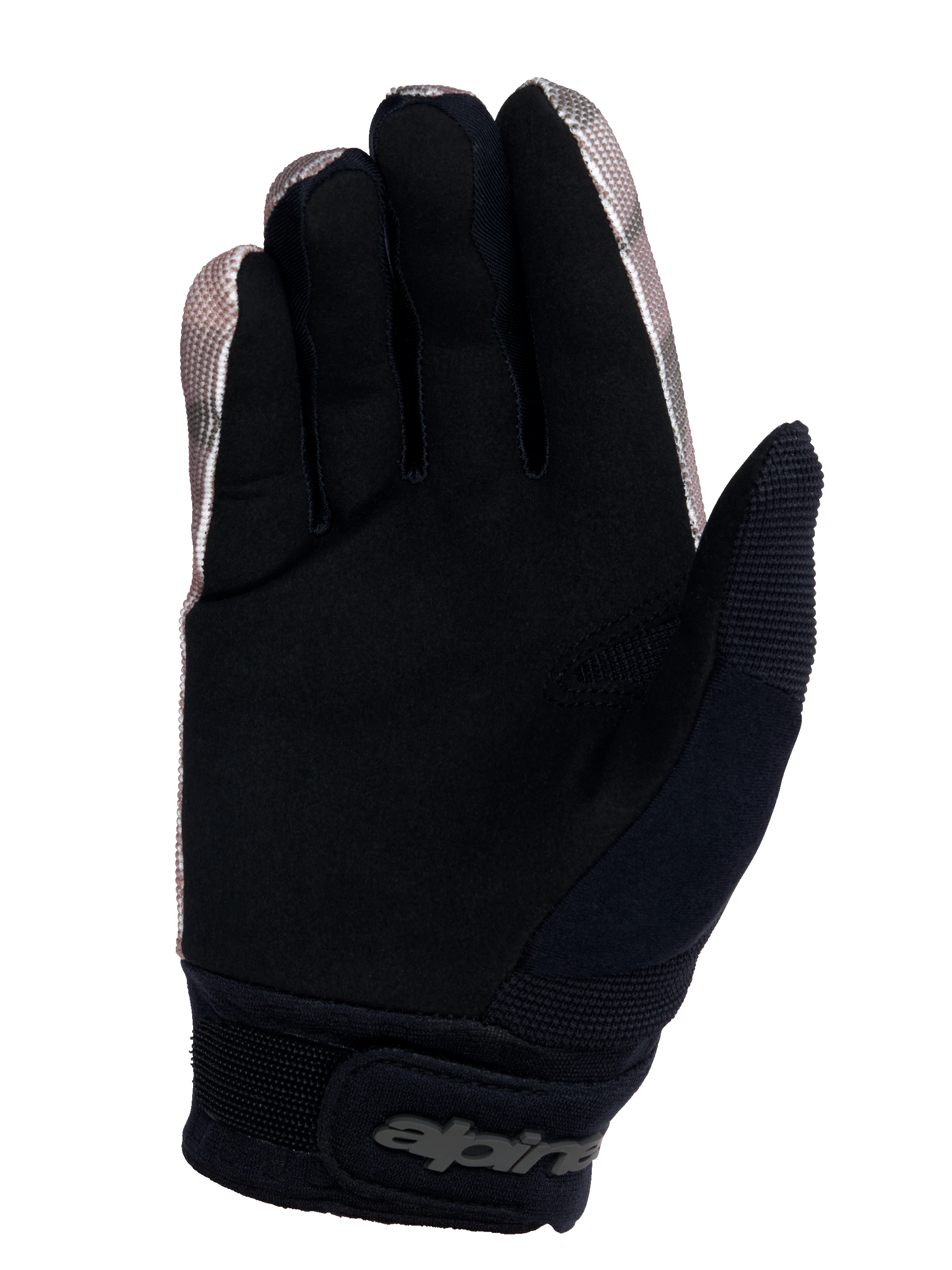 Luvas Alpinestars Youth A-Dura, luvas de mountain bike, camuflado e preto, vista da palma com camurça sintética durável para aderência, punho de neoprene com fecho de pulso de gancho e laço, e painel absorvente no polegar para limpar o suor.