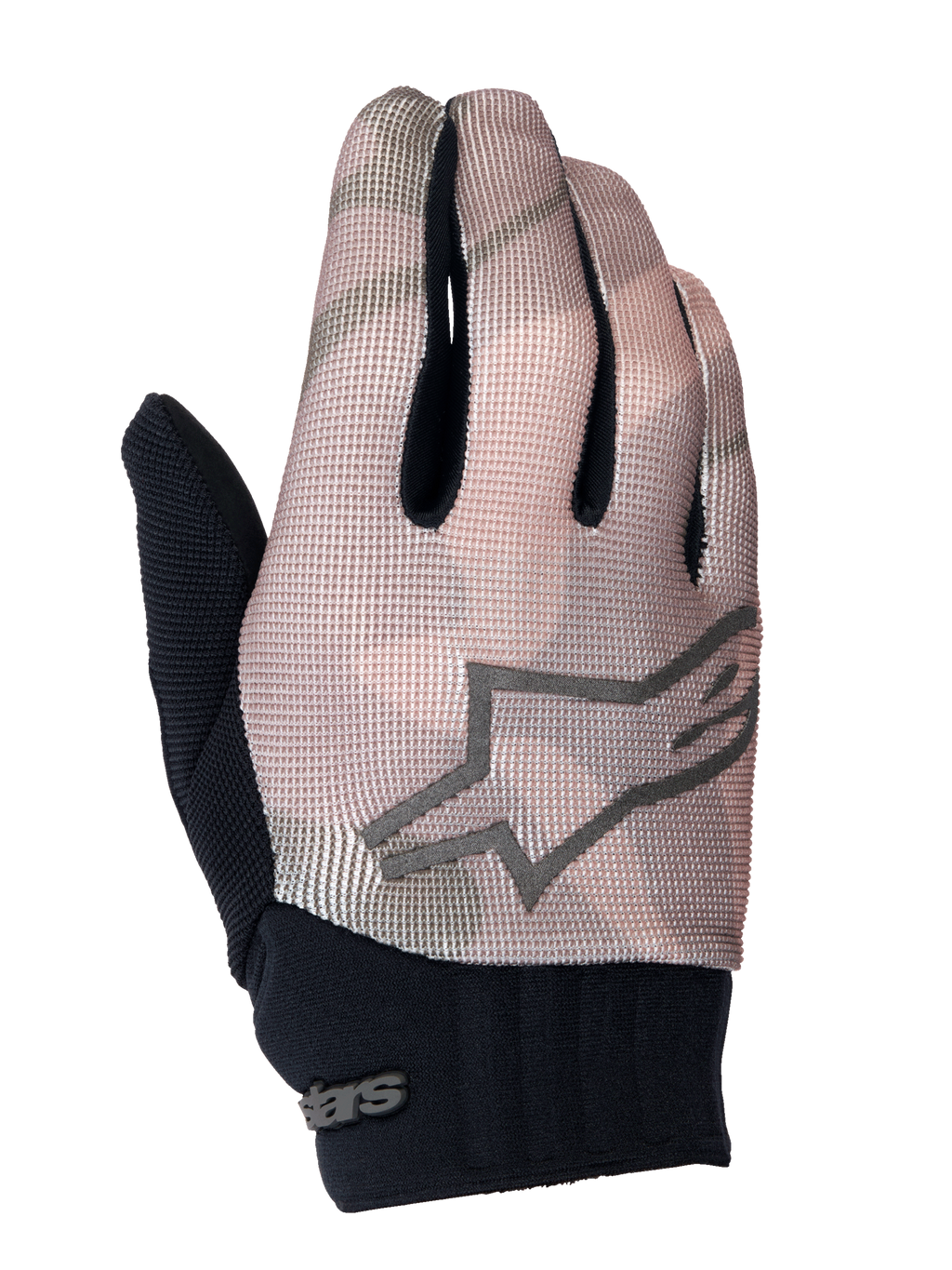 Alpinestars Youth A-Dura Gloves, luvas de mountain bike, camuflado castanho e preto, com logótipo de estrela cinzento no dorso, punho de neoprene preto e parte superior têxtil respirável para jovens ciclistas