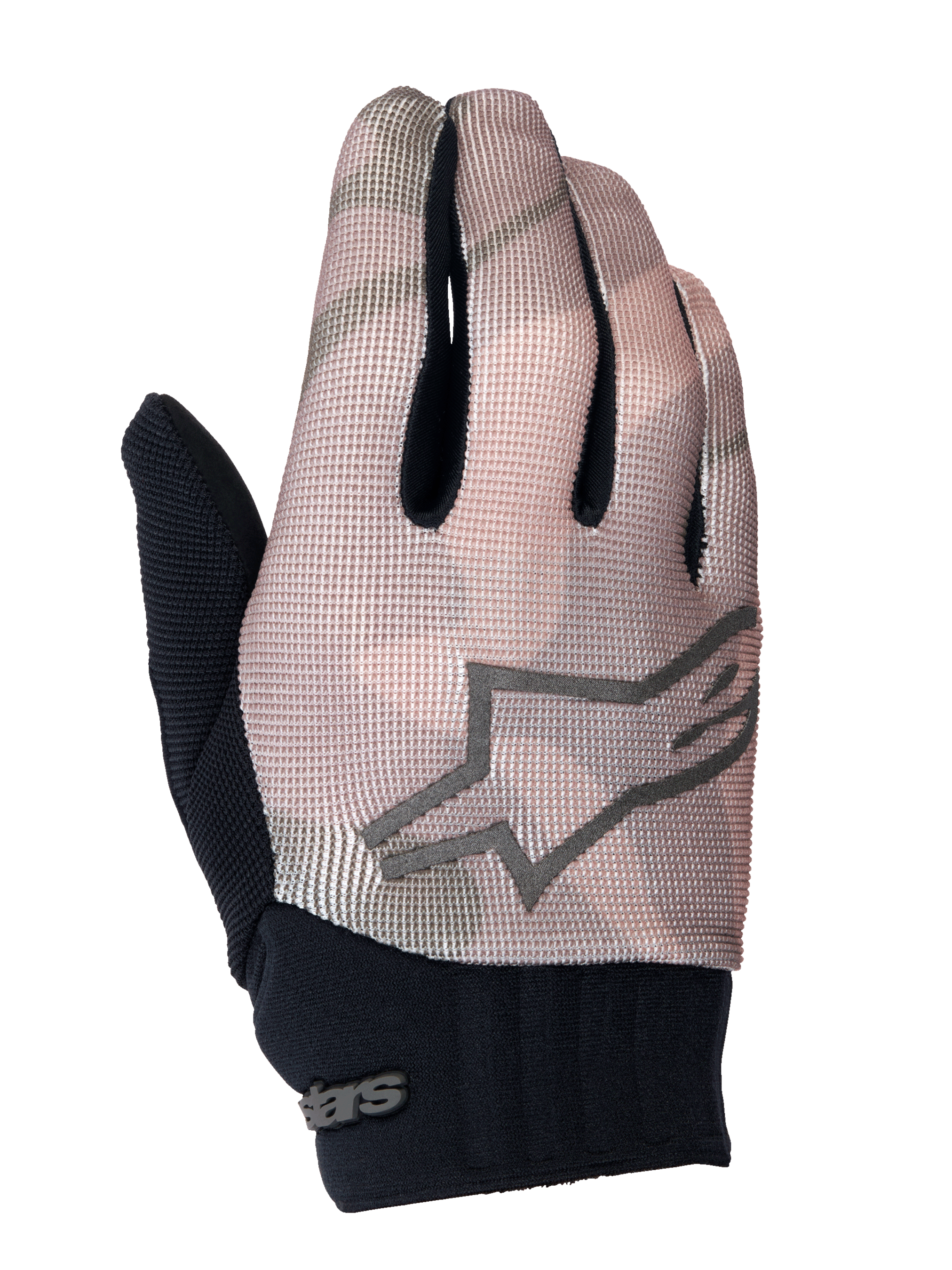 Alpinestars Youth A-Dura Gloves, luvas de mountain bike, camuflado castanho e preto, com logótipo de estrela cinzento no dorso, punho de neoprene preto e parte superior têxtil respirável para jovens ciclistas