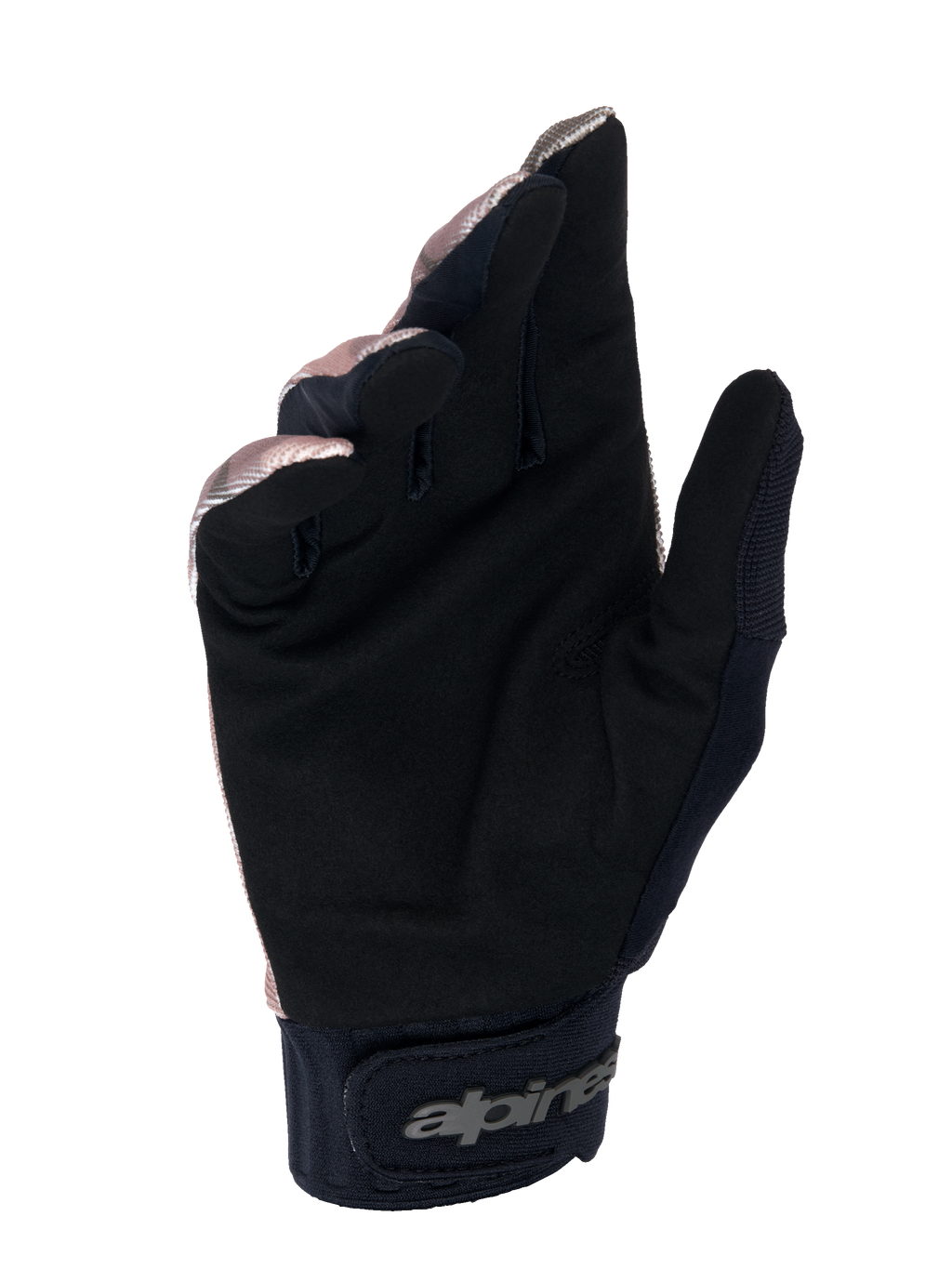 Luvas Alpinestars A-Dura Squad, luvas de MTB, camuflado e castanho, vista da palma em camurça sintética preta, punho de neoprene com fecho de gancho e laço e logótipo Alpinestars, design durável para ciclismo de montanha