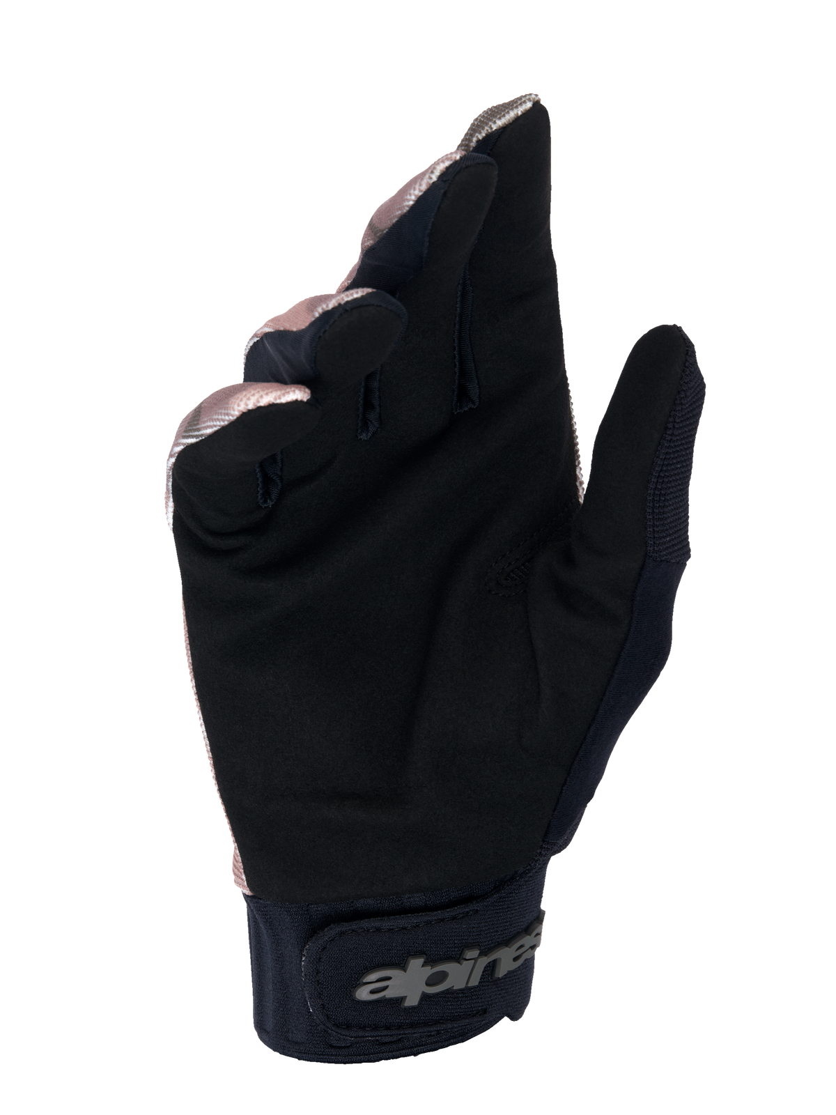 Luvas Alpinestars A-Dura Squad, luvas de MTB, camuflado e castanho, vista da palma em camurça sintética preta, punho de neoprene com fecho de gancho e laço e logótipo Alpinestars, design durável para ciclismo de montanha