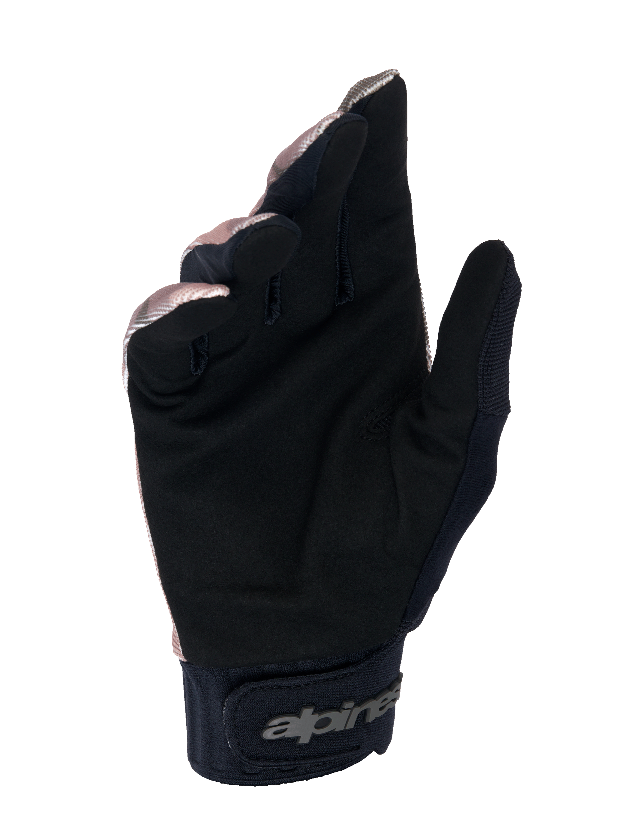 Luvas Alpinestars A-Dura Squad, luvas de MTB, camuflado e castanho, vista da palma em camurça sintética preta, punho de neoprene com fecho de gancho e laço e logótipo Alpinestars, design durável para ciclismo de montanha