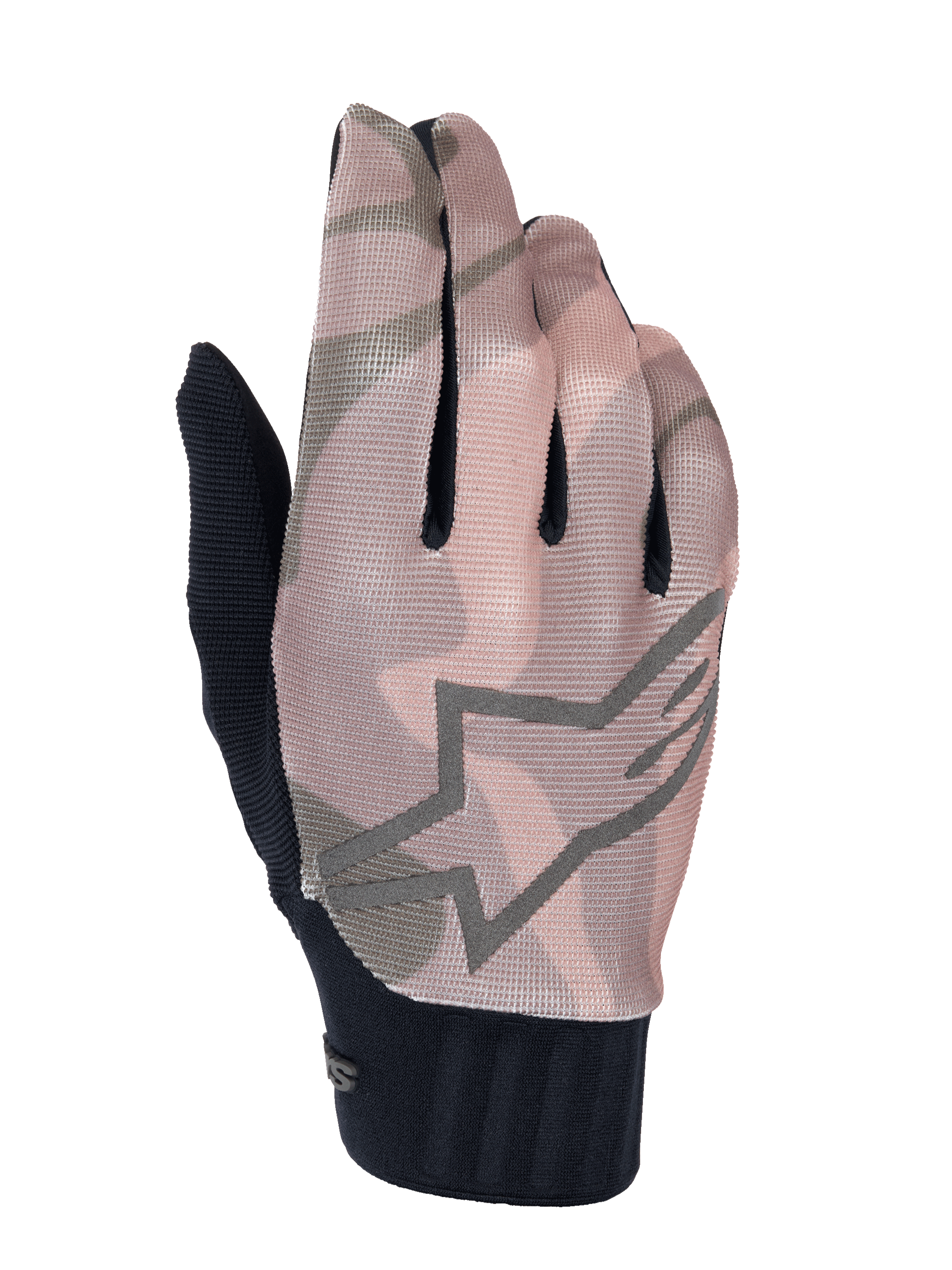 Luvas Alpinestars A-Dura Squad, luvas de bicicleta de montanha, padrão de camuflagem castanho e cinzento, com o contorno de um logótipo de estrela grande no dorso, parte superior em malha texturizada e punho canelado preto