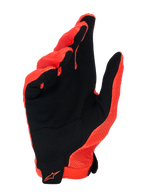Luvas Alpinestars A-Aria, Laranja Spicy e preto, vista da palma apresentando material em camurça sintética com um reforço preto, logótipo Alpinestars laranja no pulso, design leve e ventilado para BTT e ciclismo fora de estrada