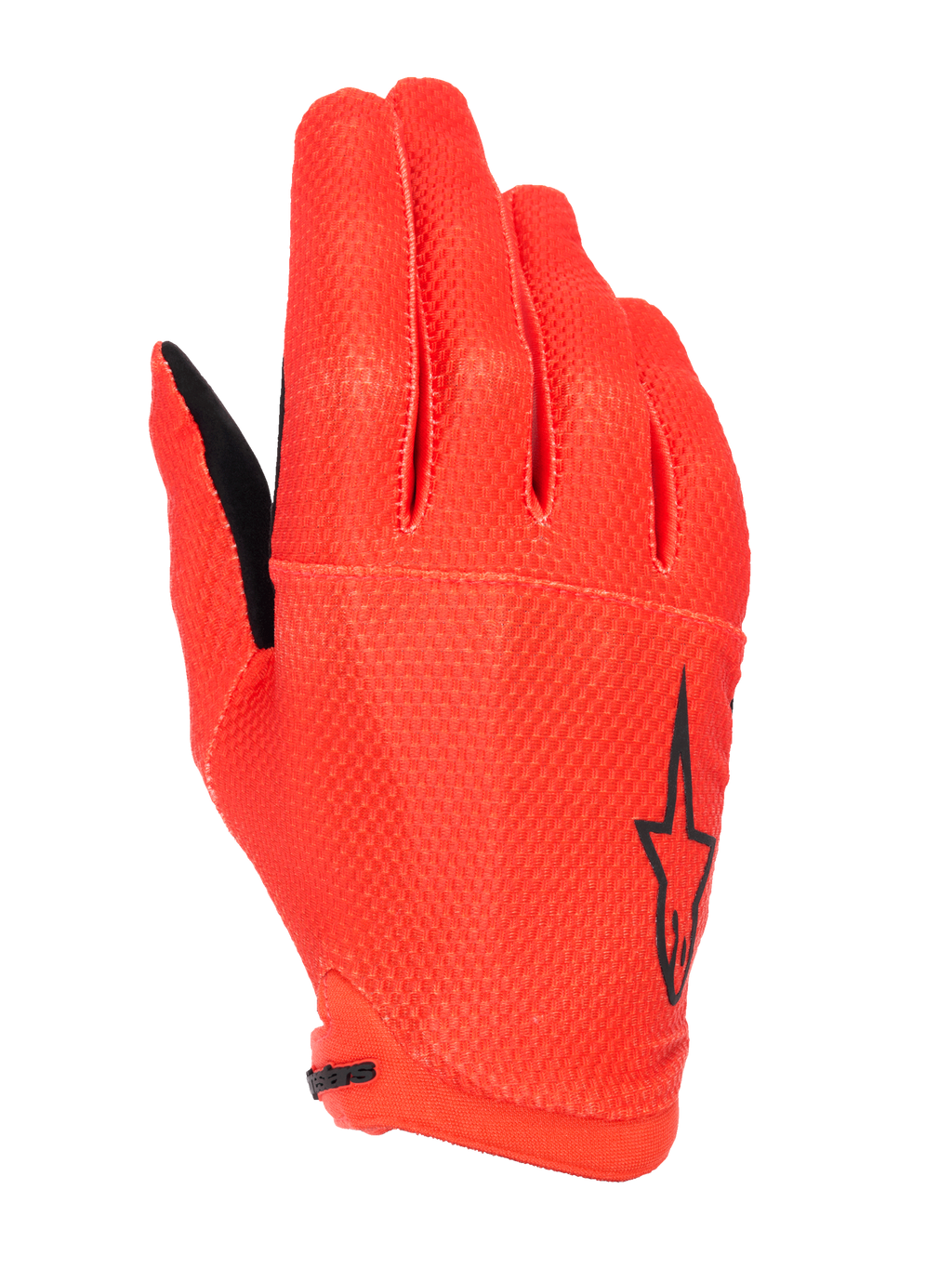 Alpinestars A-Aria Gloves, luvas de ciclismo de montanha, laranja, com logótipo de estrela preto na lateral, tecido elástico texturizado e respirável, design leve de perfil baixo