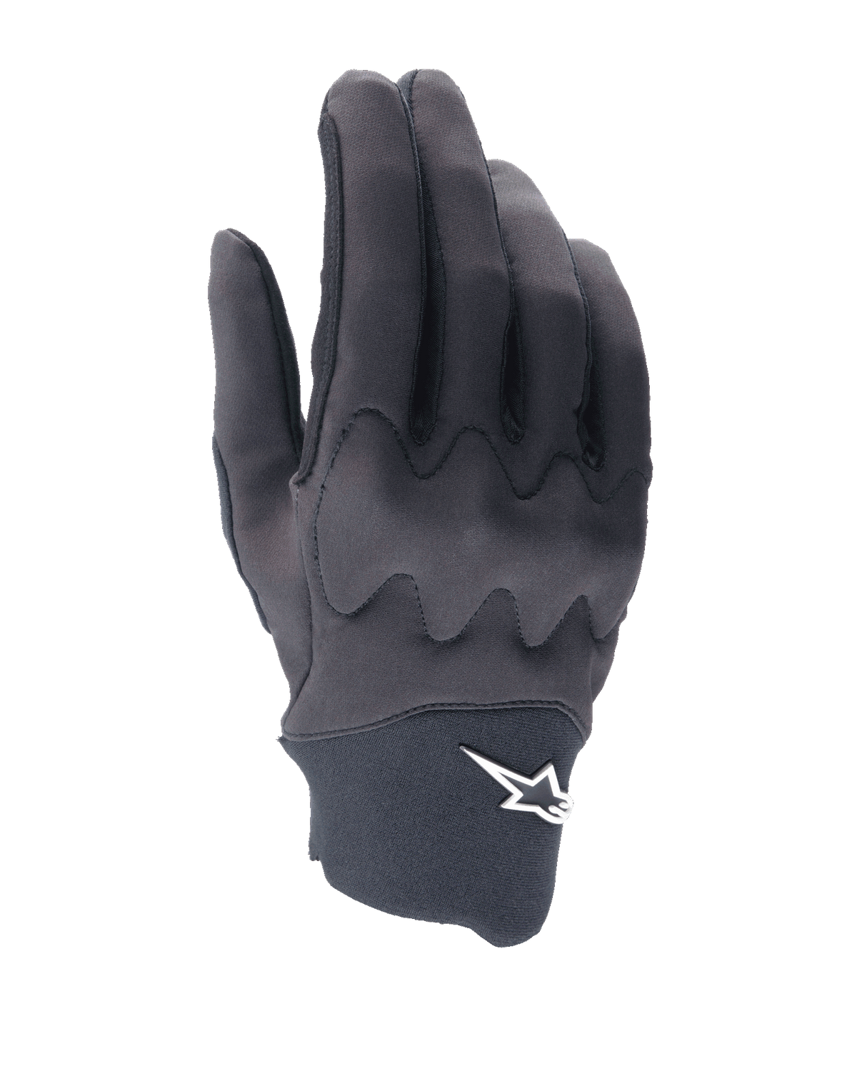 Alpinestars A-Supra Shield Gloves, luvas de ciclismo MTB, pretas, design elegante com padrão ondulado de proteção nos nós dos dedos, logótipo de estrela branca no punho de neoprene, construção flexível e durável