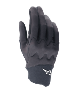 Alpinestars A-Supra Shield Gloves, luvas de ciclismo MTB, pretas, design elegante com padrão ondulado de proteção nos nós dos dedos, logótipo de estrela branca no punho de neoprene, construção flexível e durável