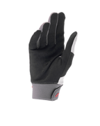 Luvas Alpinestars A-Supra Shield, luvas de mountain bike cinzento claro, vista da palma mostrando camurça sintética preta perfurada para ventilação, punho de neoprene cinzento com fecho de gancho e laço e logótipo vermelho