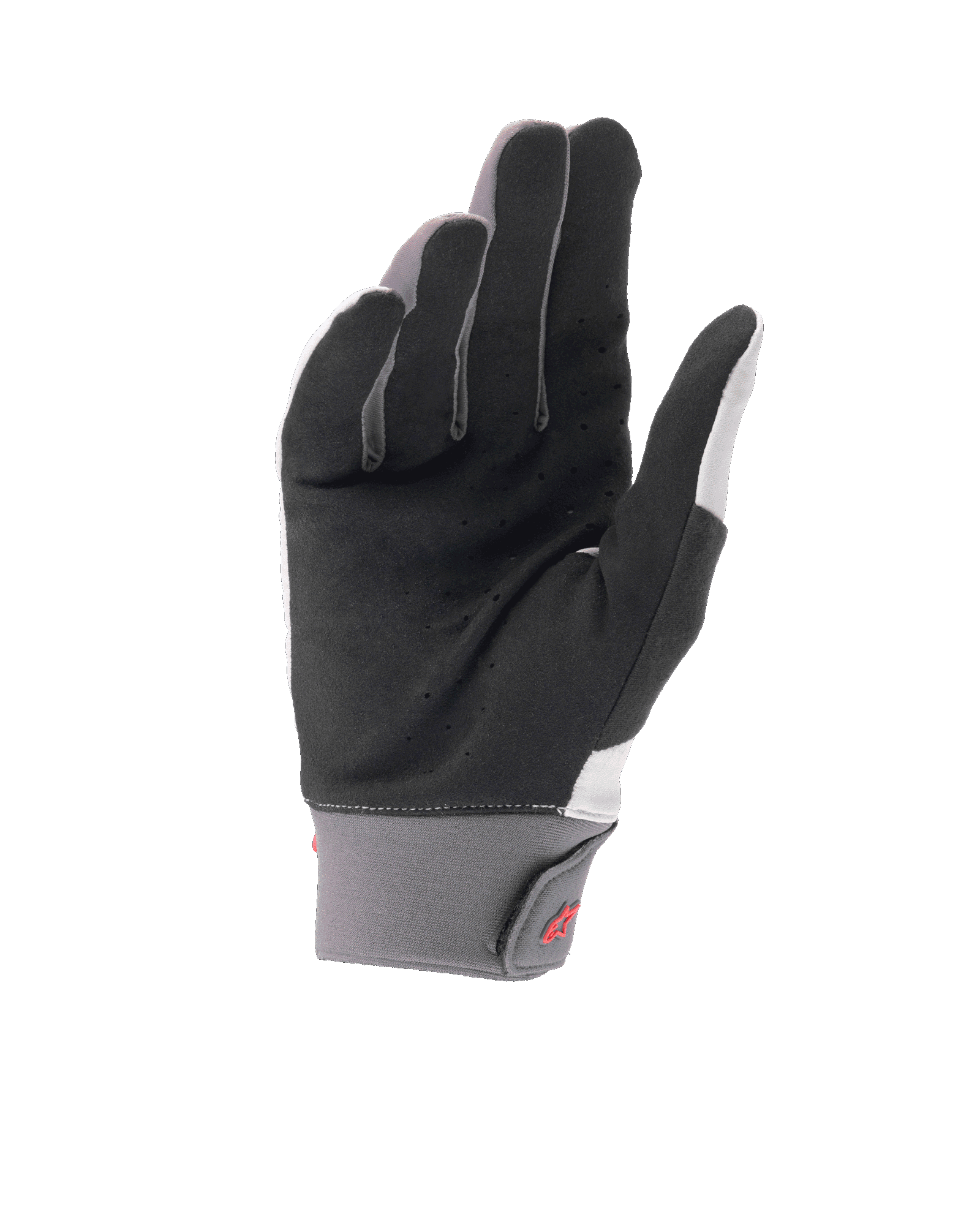 Luvas Alpinestars A-Supra Shield, luvas de mountain bike cinzento claro, vista da palma mostrando camurça sintética preta perfurada para ventilação, punho de neoprene cinzento com fecho de gancho e laço e logótipo vermelho