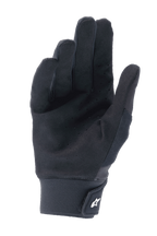 Luvas Alpinestars A-Supra, pretas, vista da palma com camurça sintética perfurada para ventilação, punho de neoprene com fecho de gancho e laço e logótipo branco, equipamento de performance para BTT