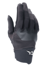 Luvas Alpinestars A-Supra, luvas de ciclismo MTB, pretas com painel cinzento texturizado, logótipo de estrela branco no punho, material de spandex flexível para BTT e condução fora de estrada