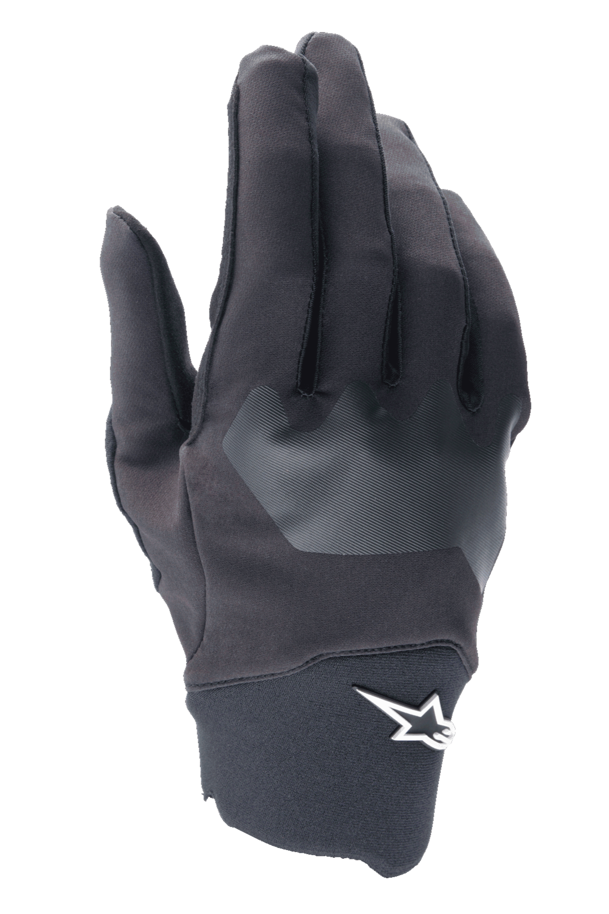 Luvas Alpinestars A-Supra, luvas de ciclismo MTB, pretas com painel cinzento texturizado, logótipo de estrela branco no punho, material de spandex flexível para BTT e condução fora de estrada