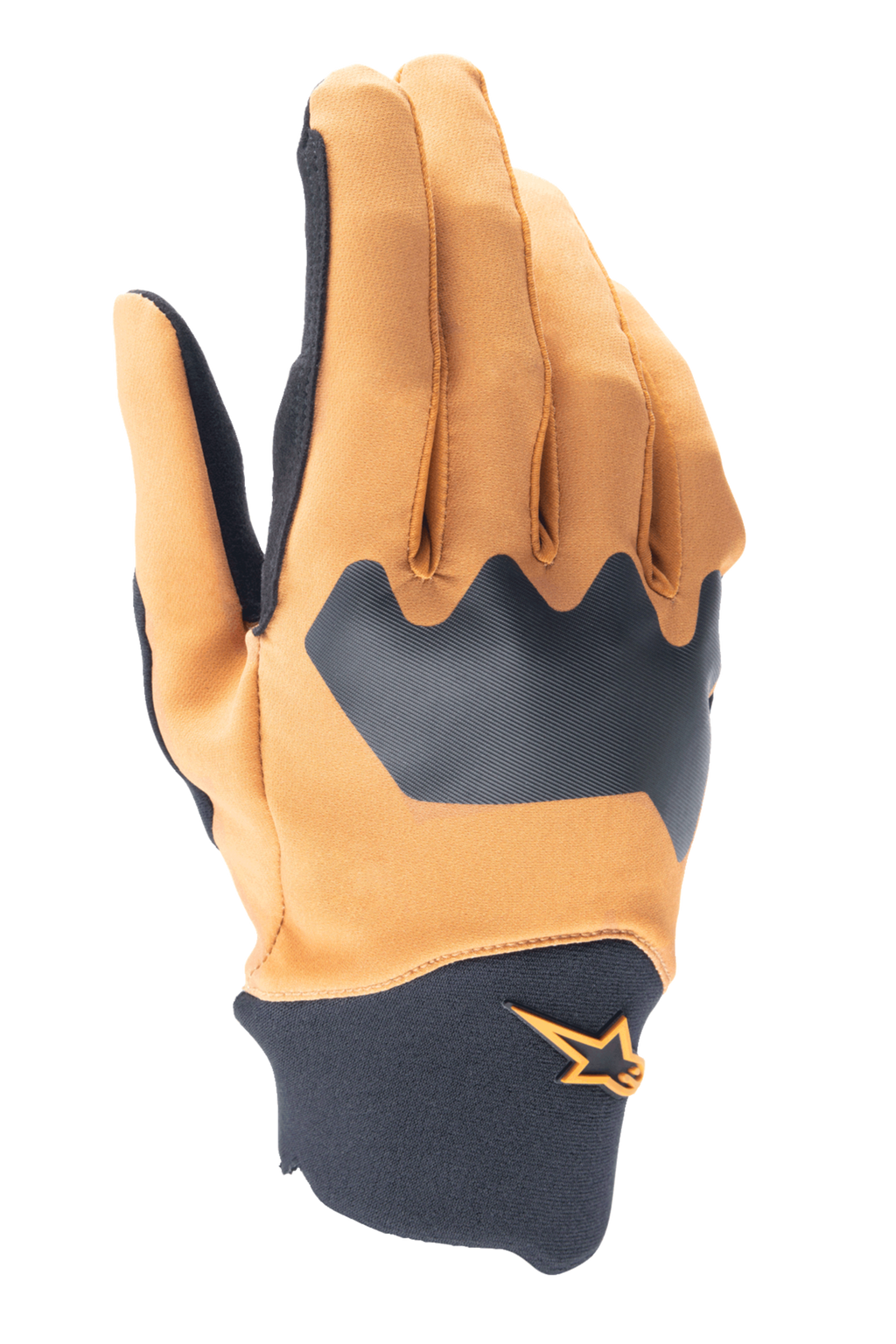 Alpinestars A-Supra Gloves, Mountain Bike Gloves, Dark Gold and Black, flexible spandex backhand with neoprene cuff, featuring an orange star logo, durable off-road cycling gear