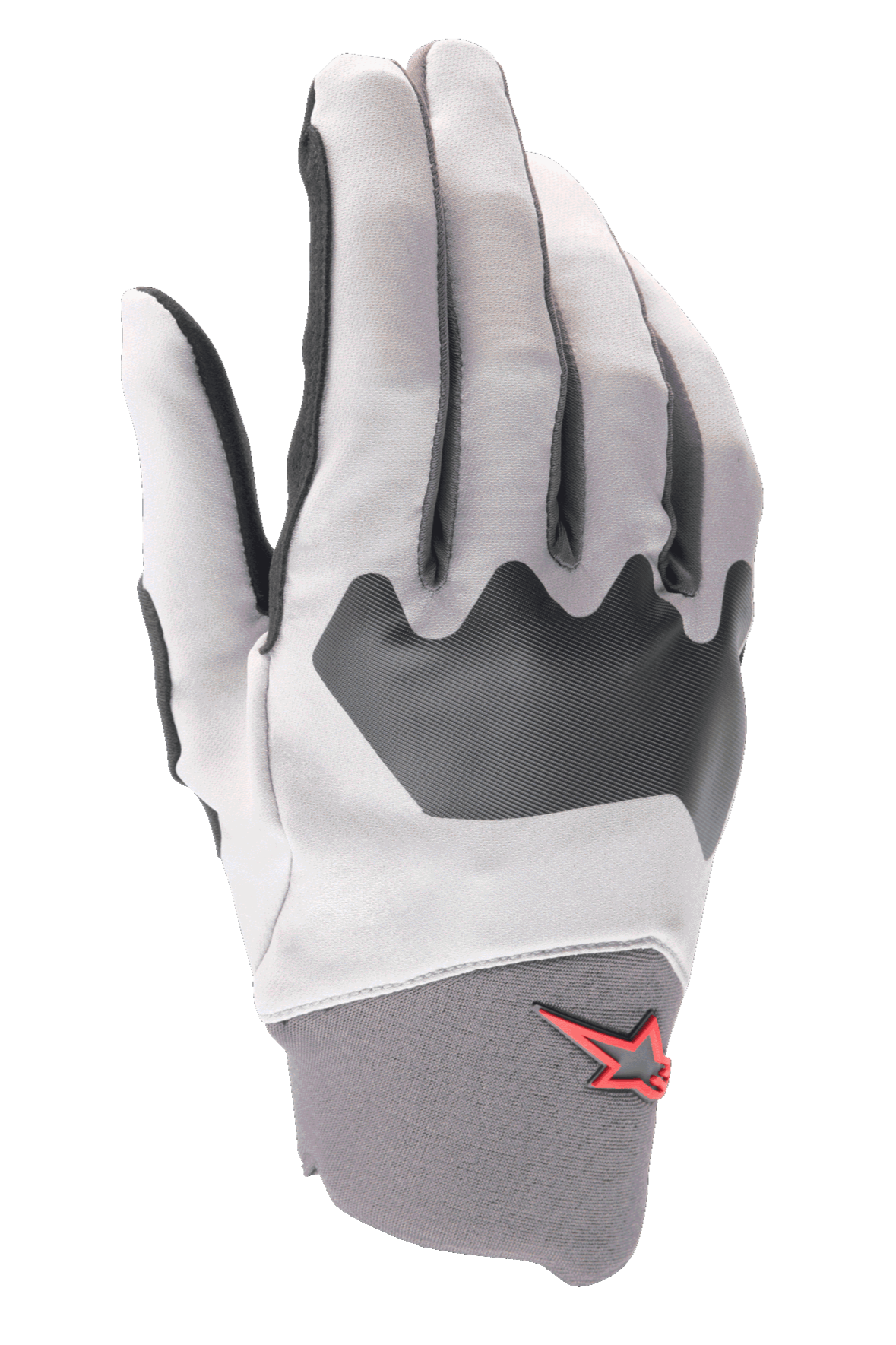 Alpinestars A-Supra Gloves, Mountain Bike Gloves, Light Gray and Black, featuring a textured knuckle panel and a small red star logo on the neoprene cuff, flexible spandex construction for cycling