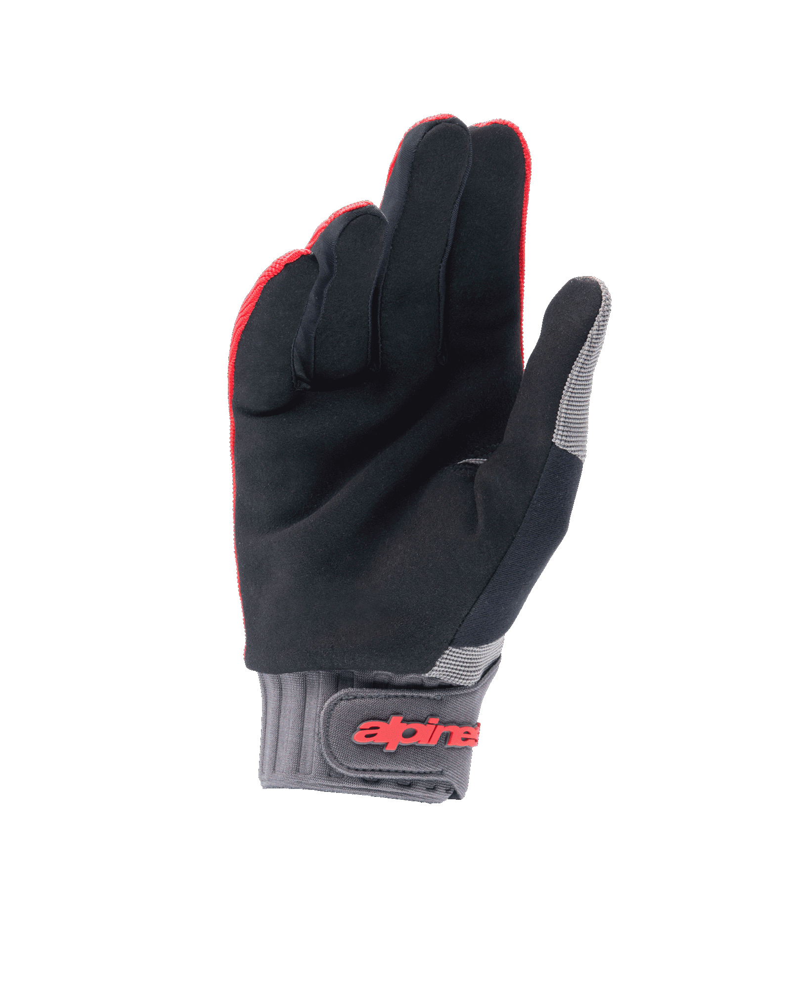 Alpinestars A-Dura Gloves, Mountain Bike Gloves, Red Fluo and Black, palm view featuring synthetic suede for grip, grey neoprene cuff with hook-and-loop closure and red branding, off-road cycling gear