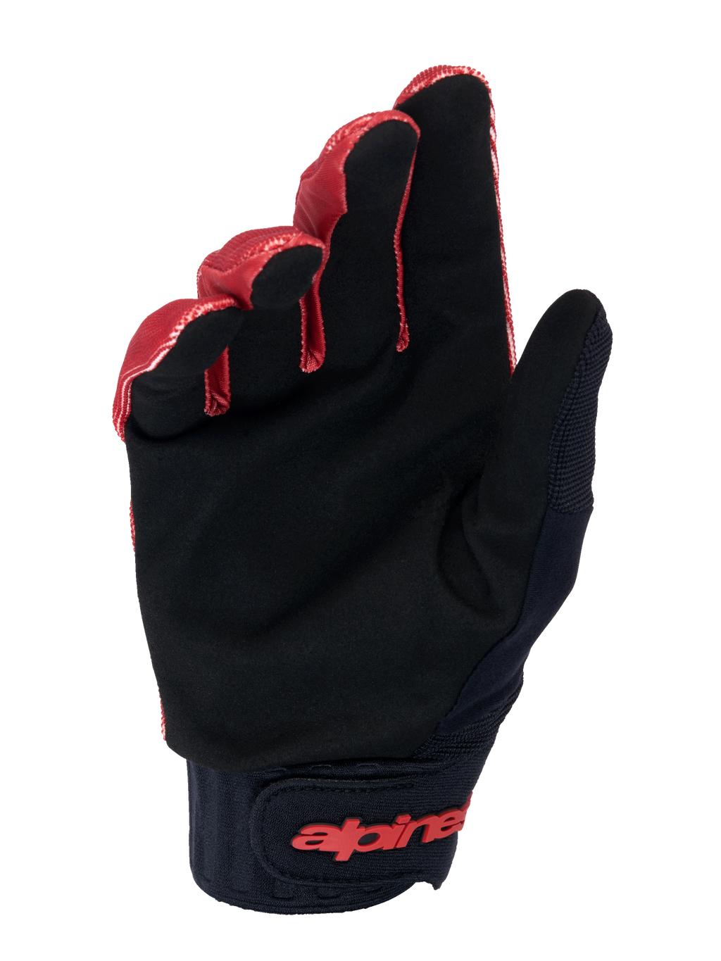 Luvas Alpinestars A-Dura, luvas de BTT, cor de laranja escuro e preto, vista da palma em camurça sintética preta para aderência, punho largo de neoprene com logótipo vermelho no fecho de pulso de gancho e laço, concebidas para durabilidade e sensibilidade em BTT