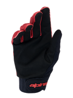 Luvas Alpinestars A-Dura, luvas de BTT, cor de laranja escuro e preto, vista da palma em camurça sintética preta para aderência, punho largo de neoprene com logótipo vermelho no fecho de pulso de gancho e laço, concebidas para durabilidade e sensibilidade em BTT