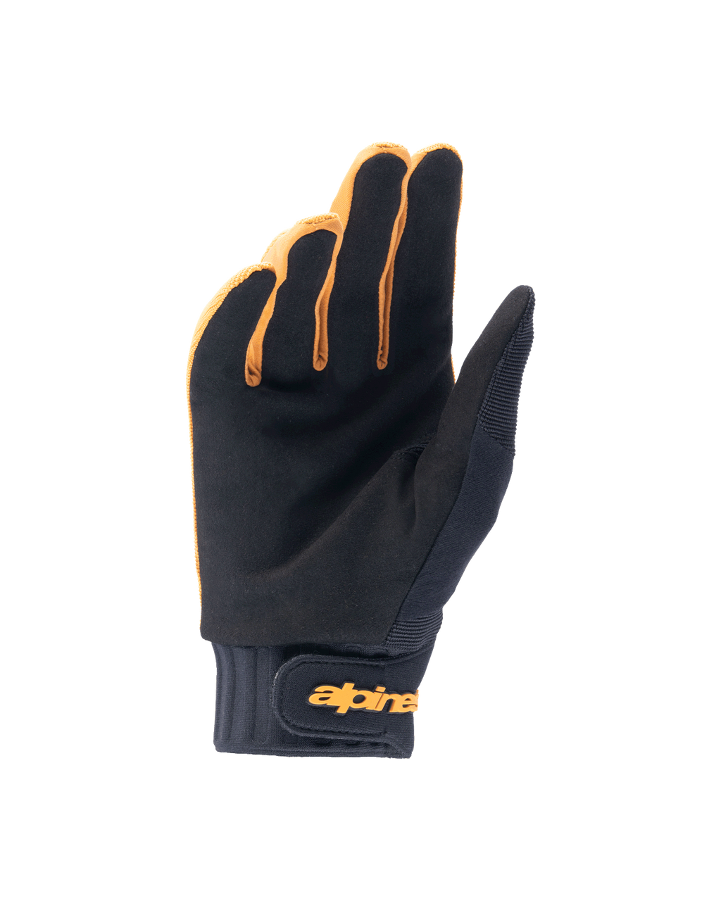 Luvas Alpinestars A-Dura, luvas de bicicleta de montanha, dourado escuro e preto, vista da palma apresentando material em camurça sintética, punho de neoprene com tira de pulso em gancho e laço dourada, concebidas para aderência e mobilidade no ciclismo.