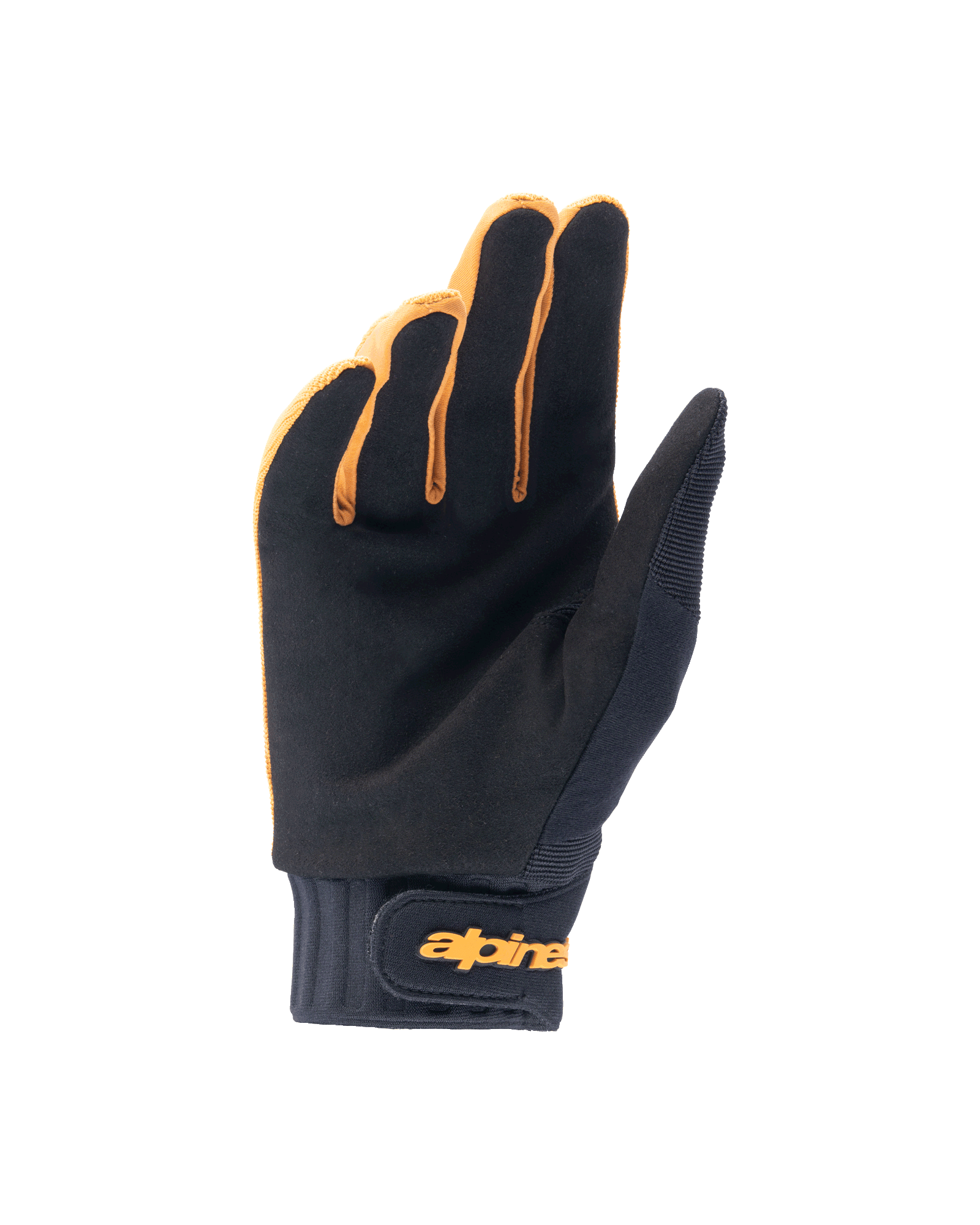 Luvas Alpinestars A-Dura, luvas de bicicleta de montanha, dourado escuro e preto, vista da palma apresentando material em camurça sintética, punho de neoprene com tira de pulso em gancho e laço dourada, concebidas para aderência e mobilidade no ciclismo.
