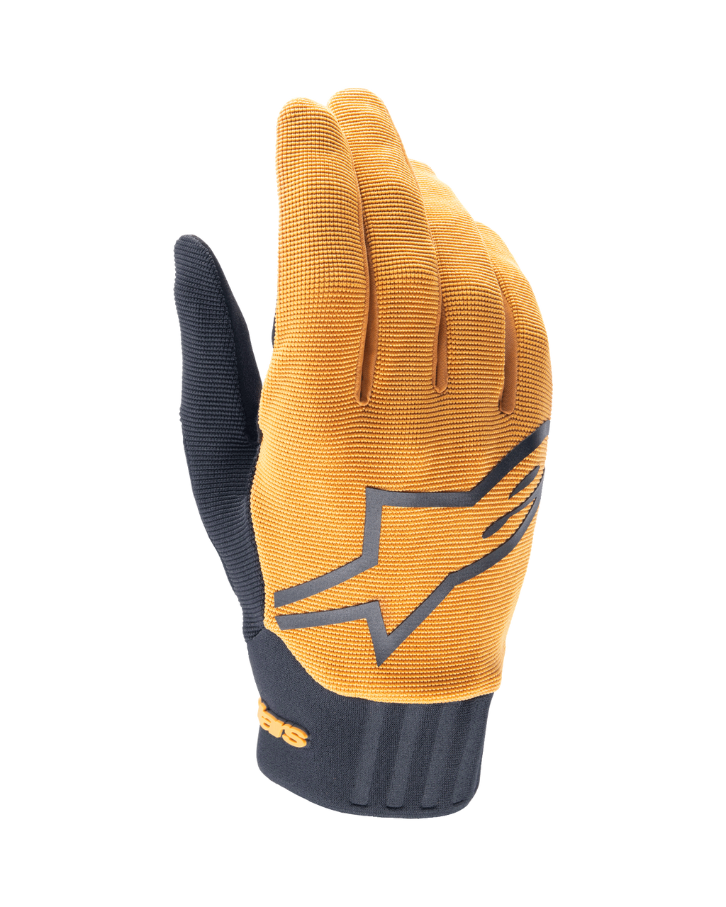 Luvas Alpinestars A-Dura, luvas de BTT, dourado escuro e preto, parte superior em tecido dourado texturizado com um logótipo Alpinestars cinzento de grandes dimensões, punho em neoprene preto, concebidas para aderência e mobilidade em ciclismo fora de estrada