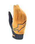 Luvas Alpinestars A-Dura, luvas de BTT, dourado escuro e preto, parte superior em tecido dourado texturizado com um logótipo Alpinestars cinzento de grandes dimensões, punho em neoprene preto, concebidas para aderência e mobilidade em ciclismo fora de estrada