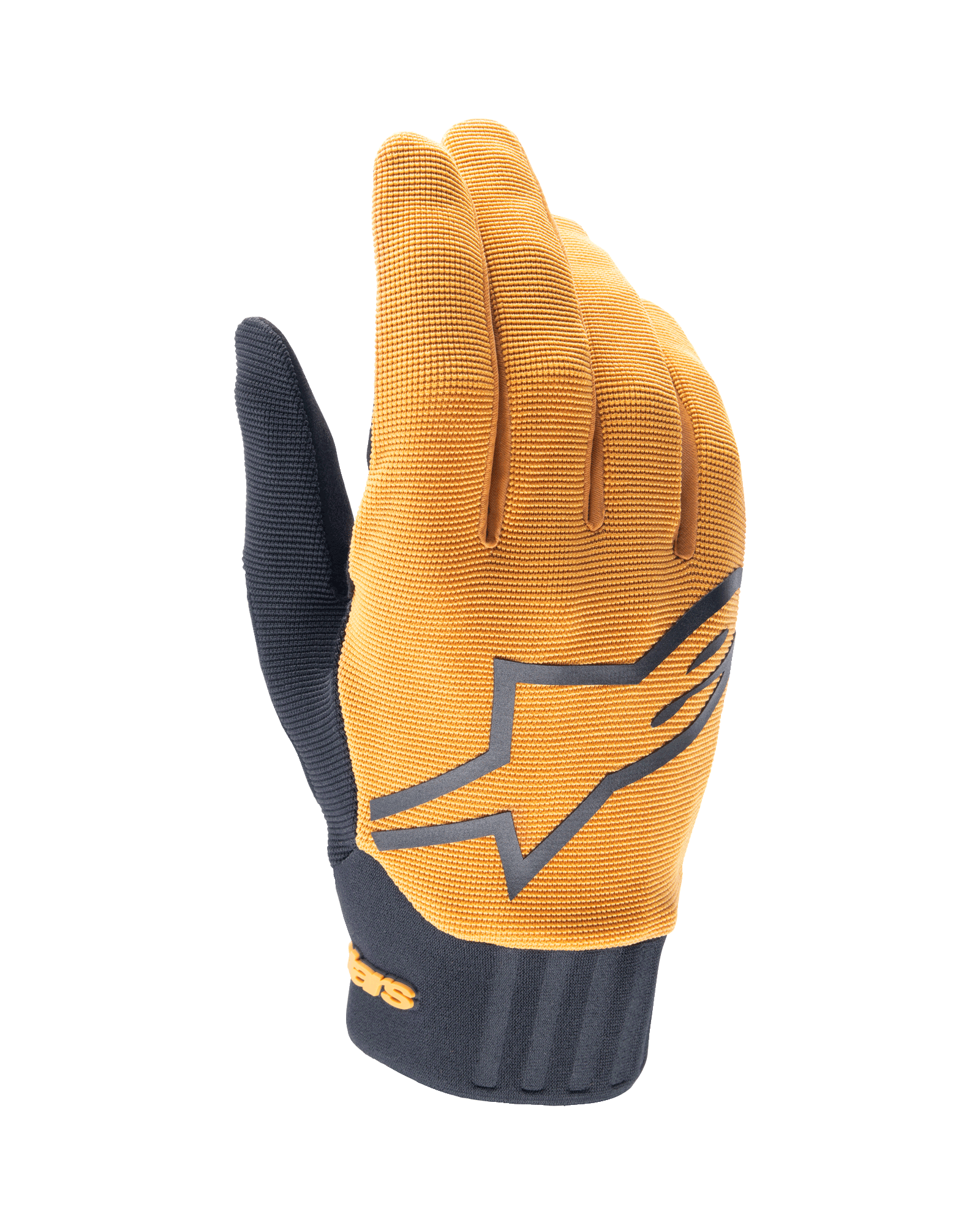 Luvas Alpinestars A-Dura, luvas de BTT, dourado escuro e preto, parte superior em tecido dourado texturizado com um logótipo Alpinestars cinzento de grandes dimensões, punho em neoprene preto, concebidas para aderência e mobilidade em ciclismo fora de estrada
